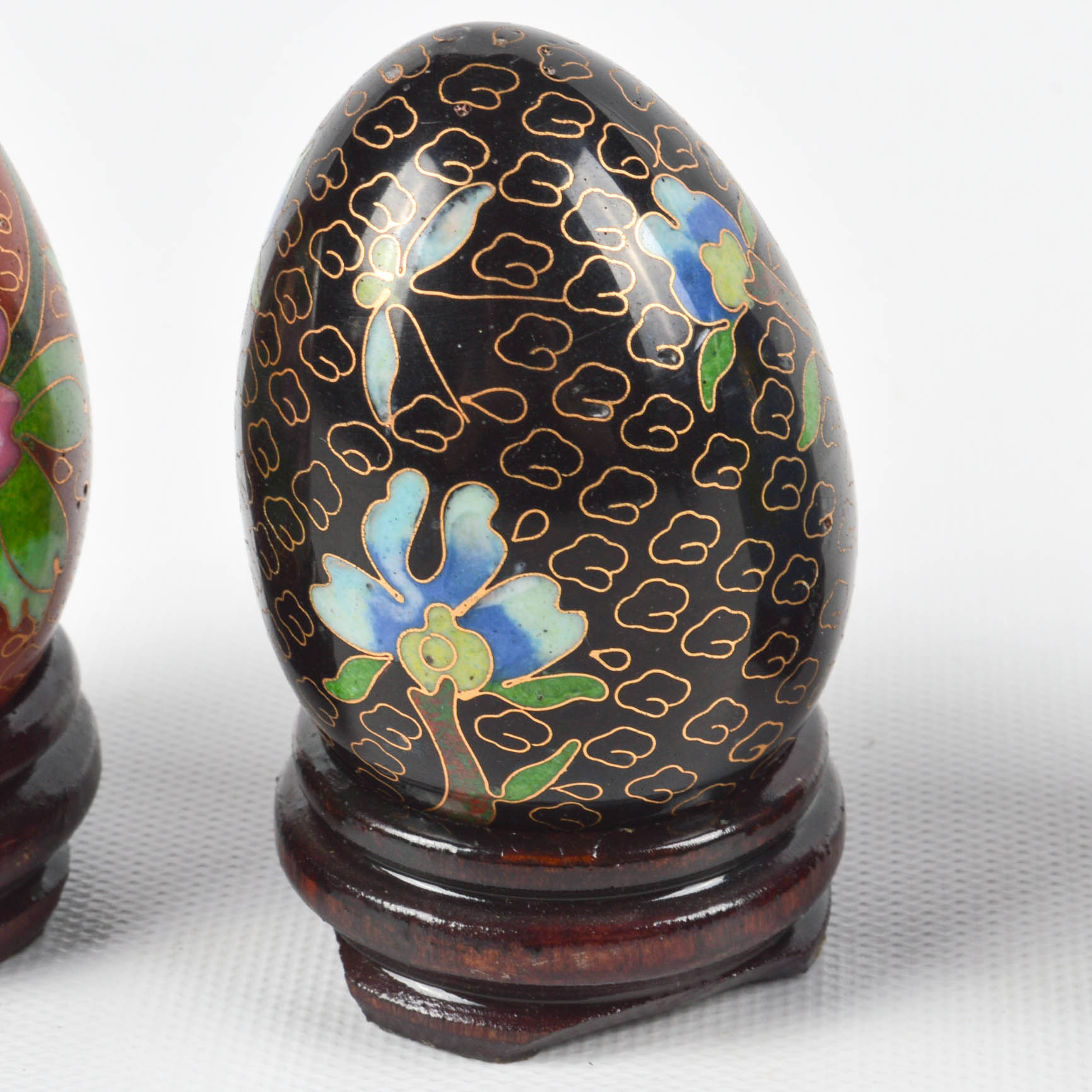 Chinese Cloisonné Eggs With Blue and White Miniature Tea Set