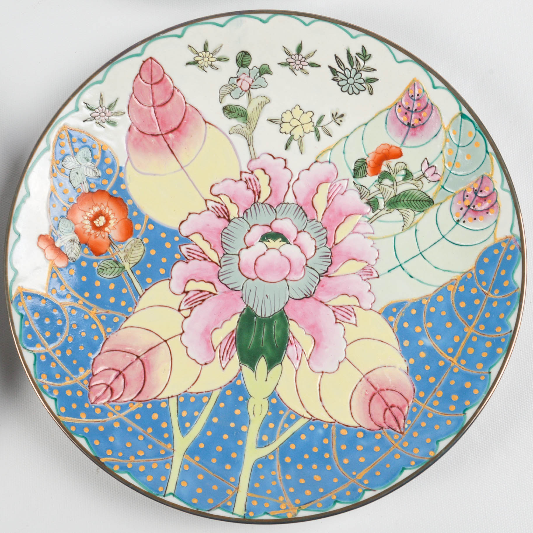 Andrea by Sadek Tobacco Leaf Plates With Colored Depression Glass Stemware