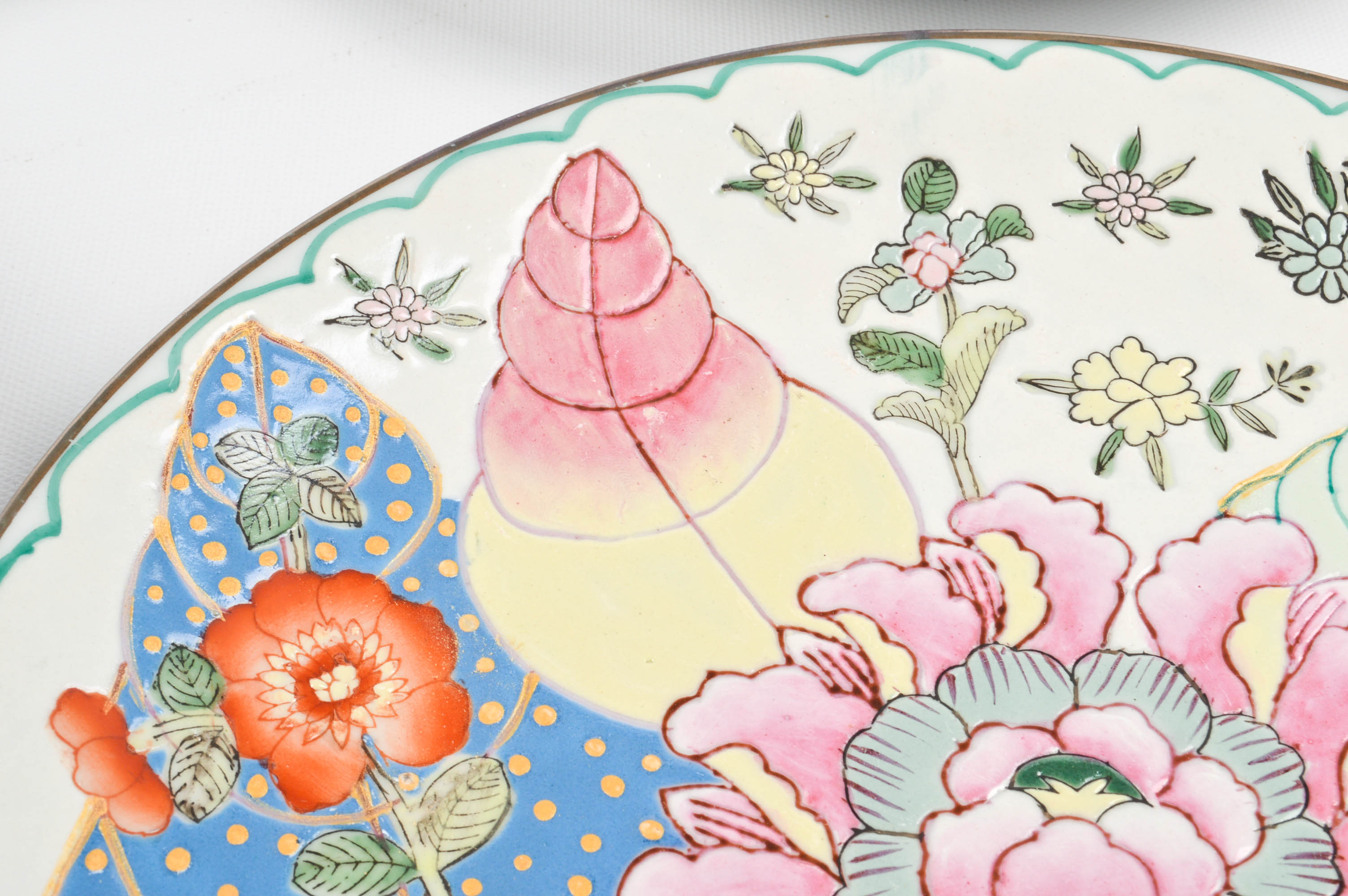 Andrea by Sadek Tobacco Leaf Plates With Colored Depression Glass Stemware