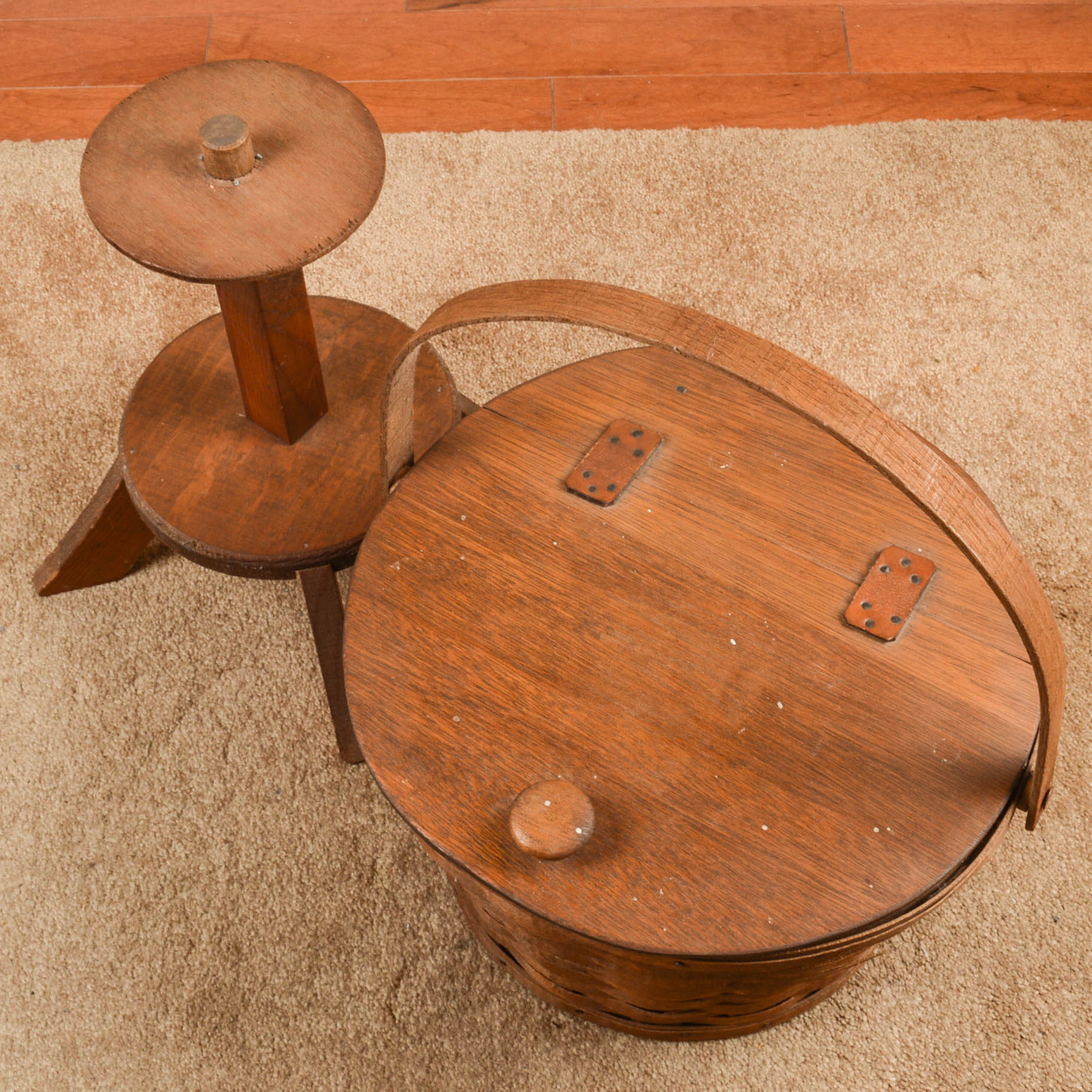 Antique Chair and Hassock With Assorted Baskets