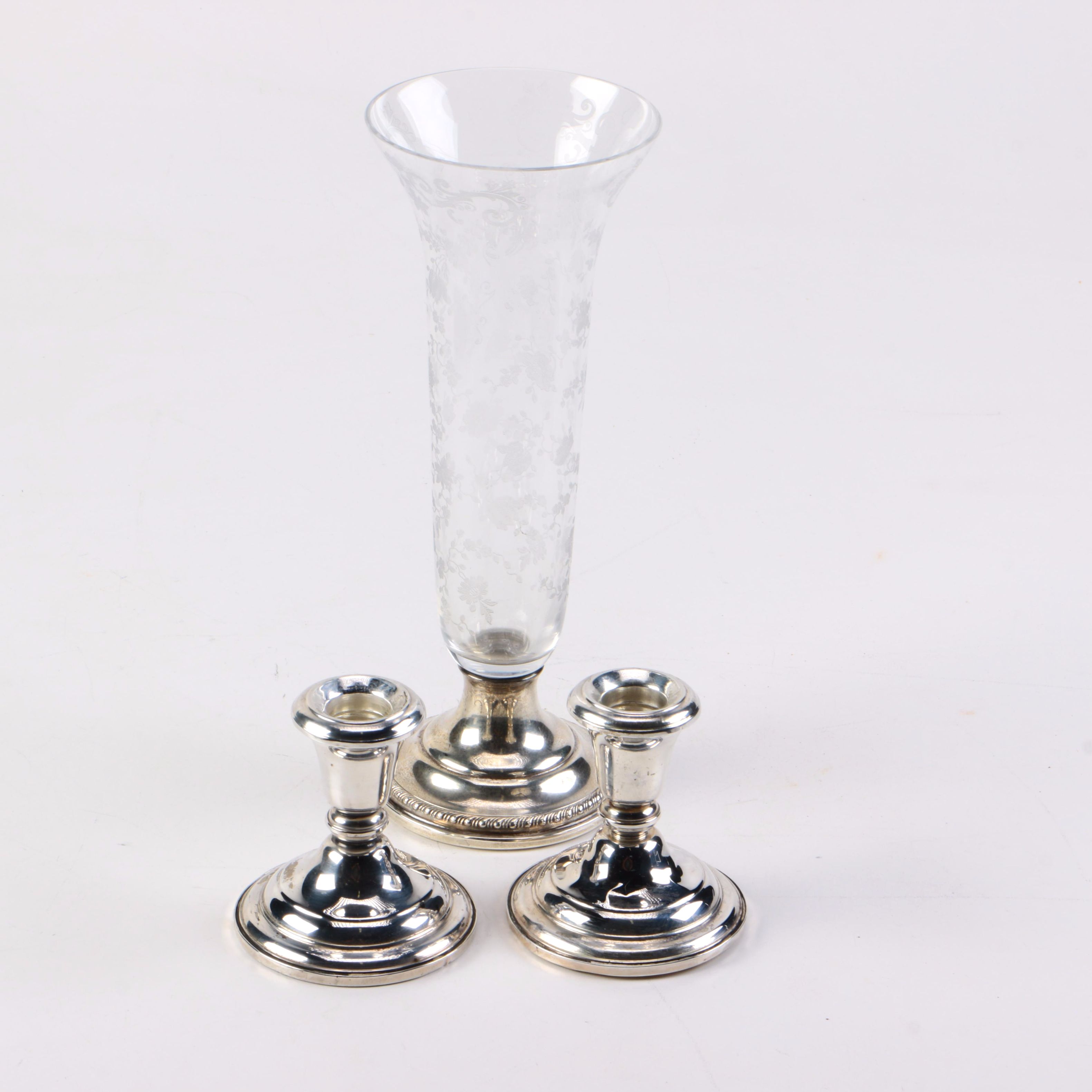 Frank M. Whiting & Co. Sterling Candleholders and Sheffield Silver Co Vase