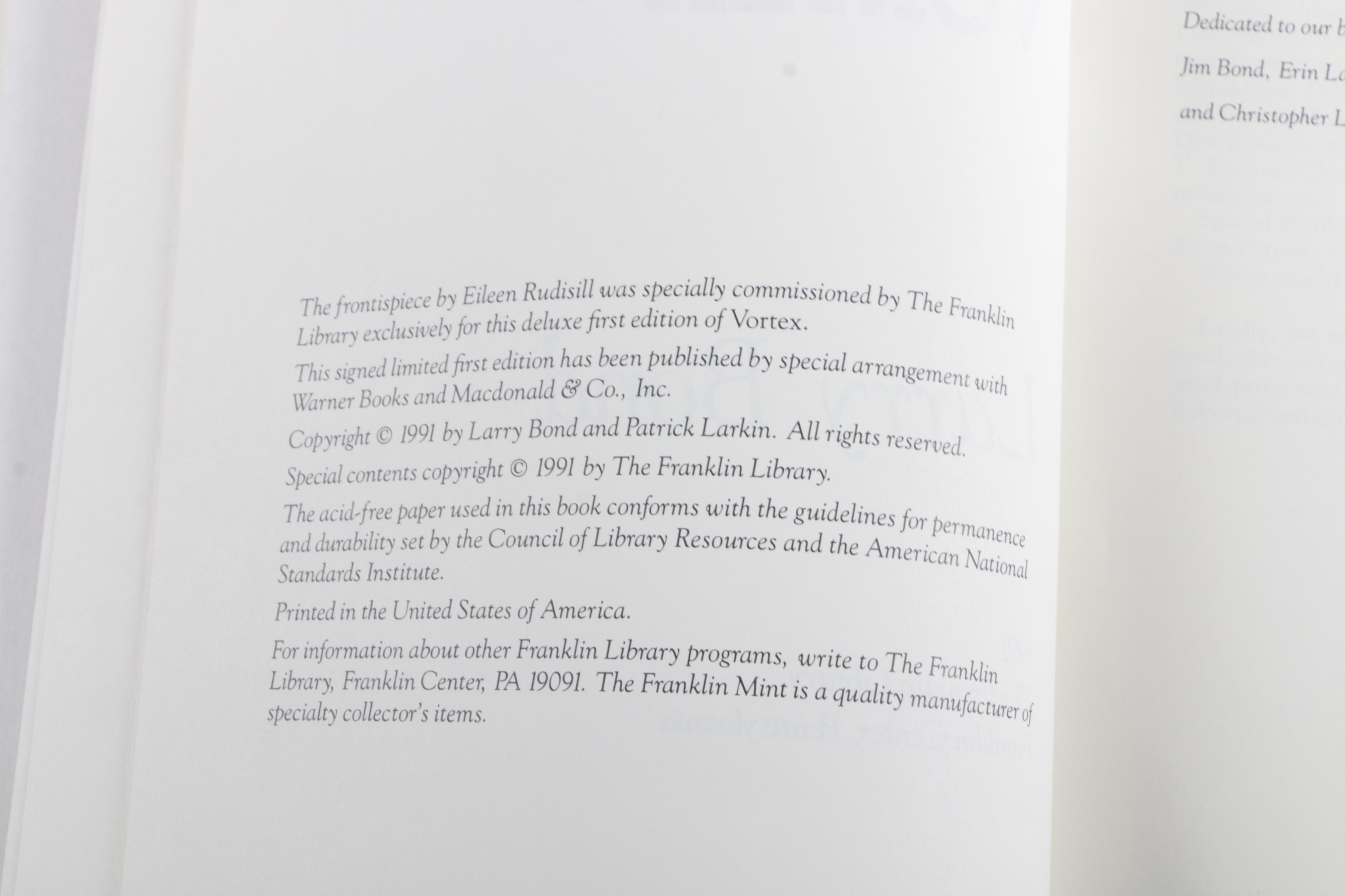 Signed Franklin Library Edition "Vortex" by Larry Bond