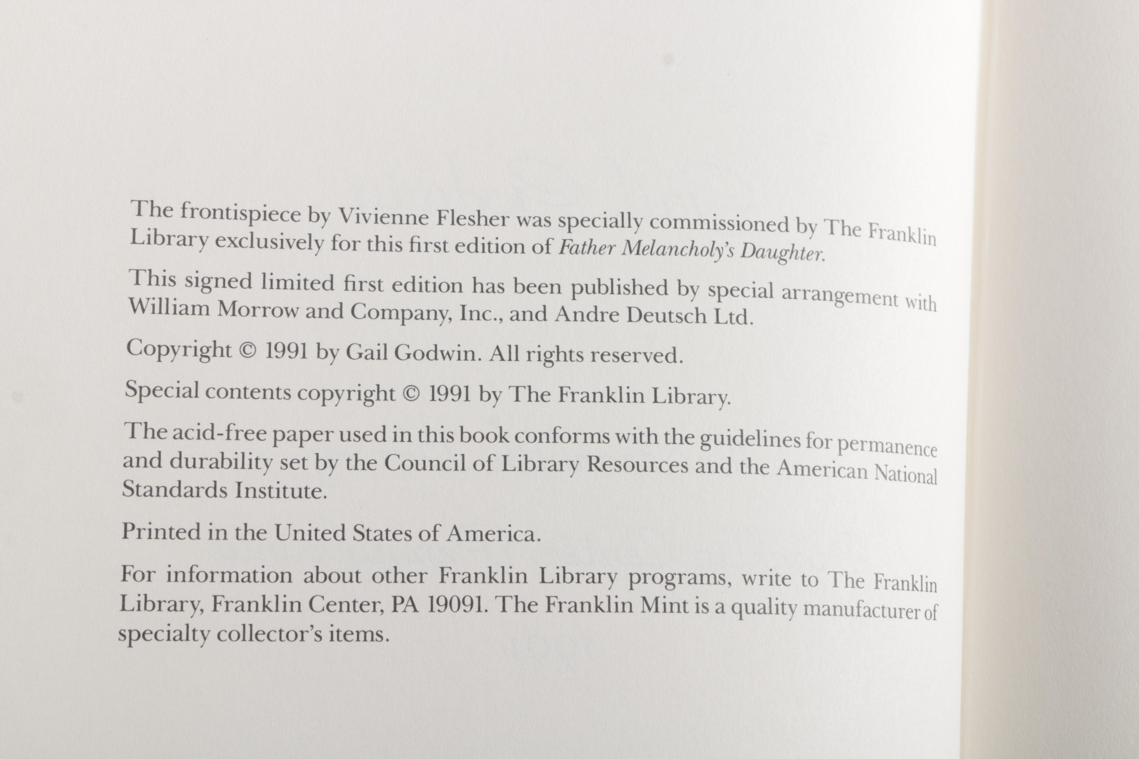 Signed Franklin Library Edition "Father Melancholy's Daughter" by Gail Godwin