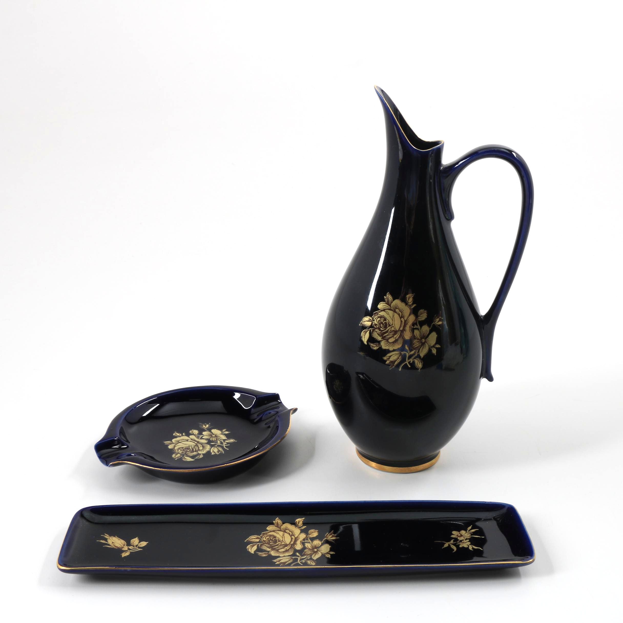 Hollohaza Cobalt and Gilt Porcelain Jug, Tray and Ashtray