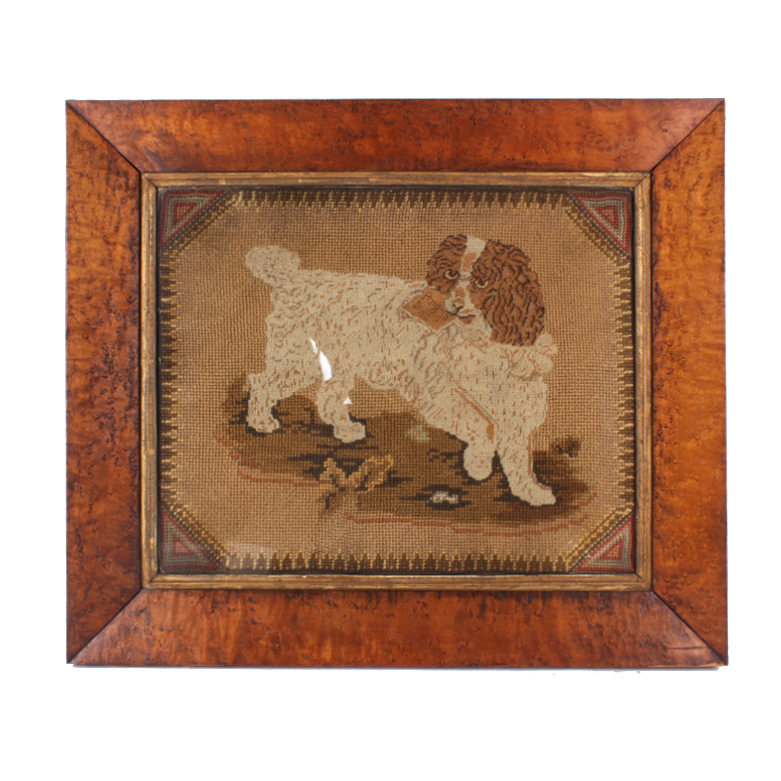 Antique Needlepoint Embroidery of Spaniel in Fine Burled Wood Frame