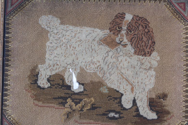Antique Needlepoint Embroidery of Spaniel in Fine Burled Wood Frame