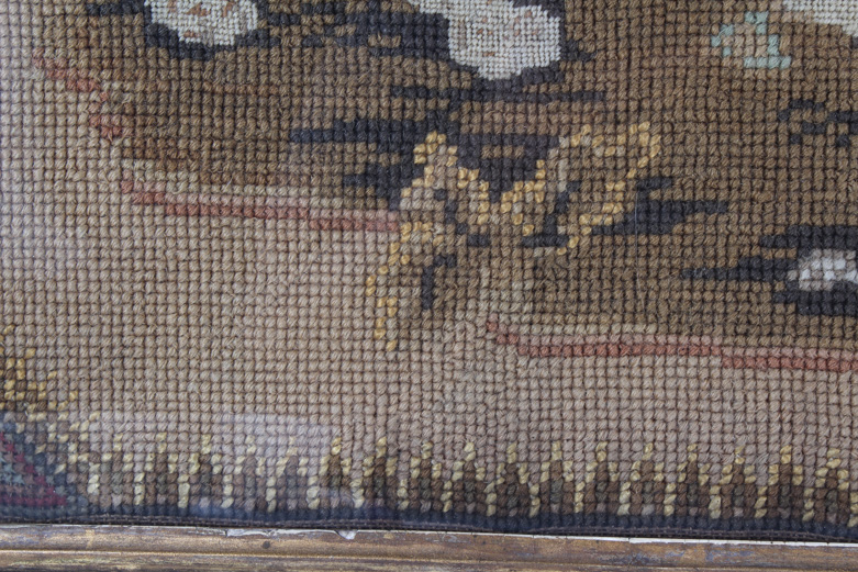 Antique Needlepoint Embroidery of Spaniel in Fine Burled Wood Frame