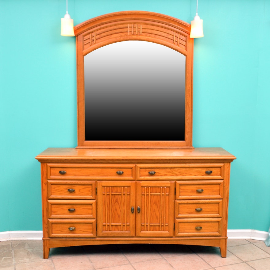 Golden Oak Mission Style Dresser with Mirror