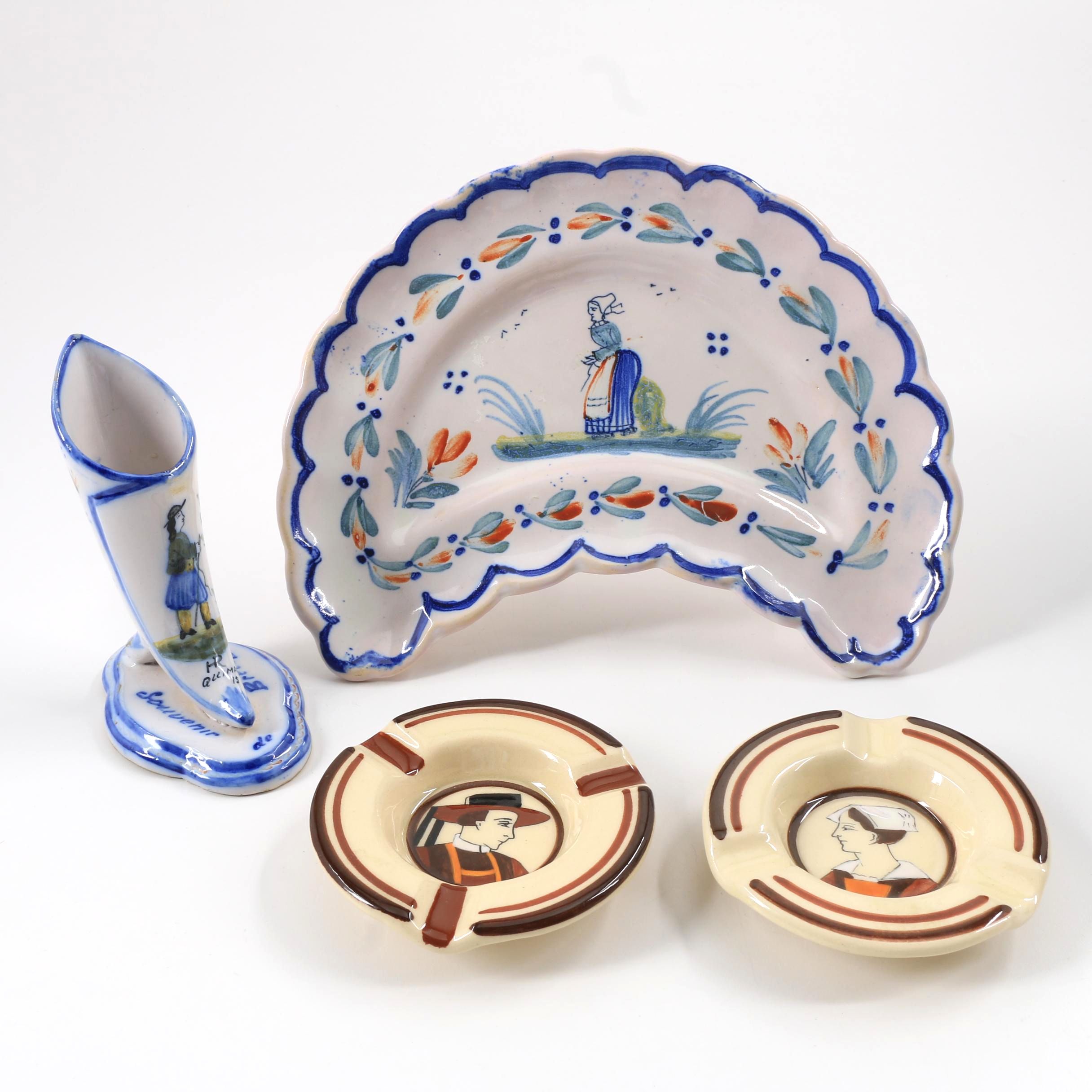 Henriot Quimper and HB Quimper Faience Bowl, Vase and Ashtrays