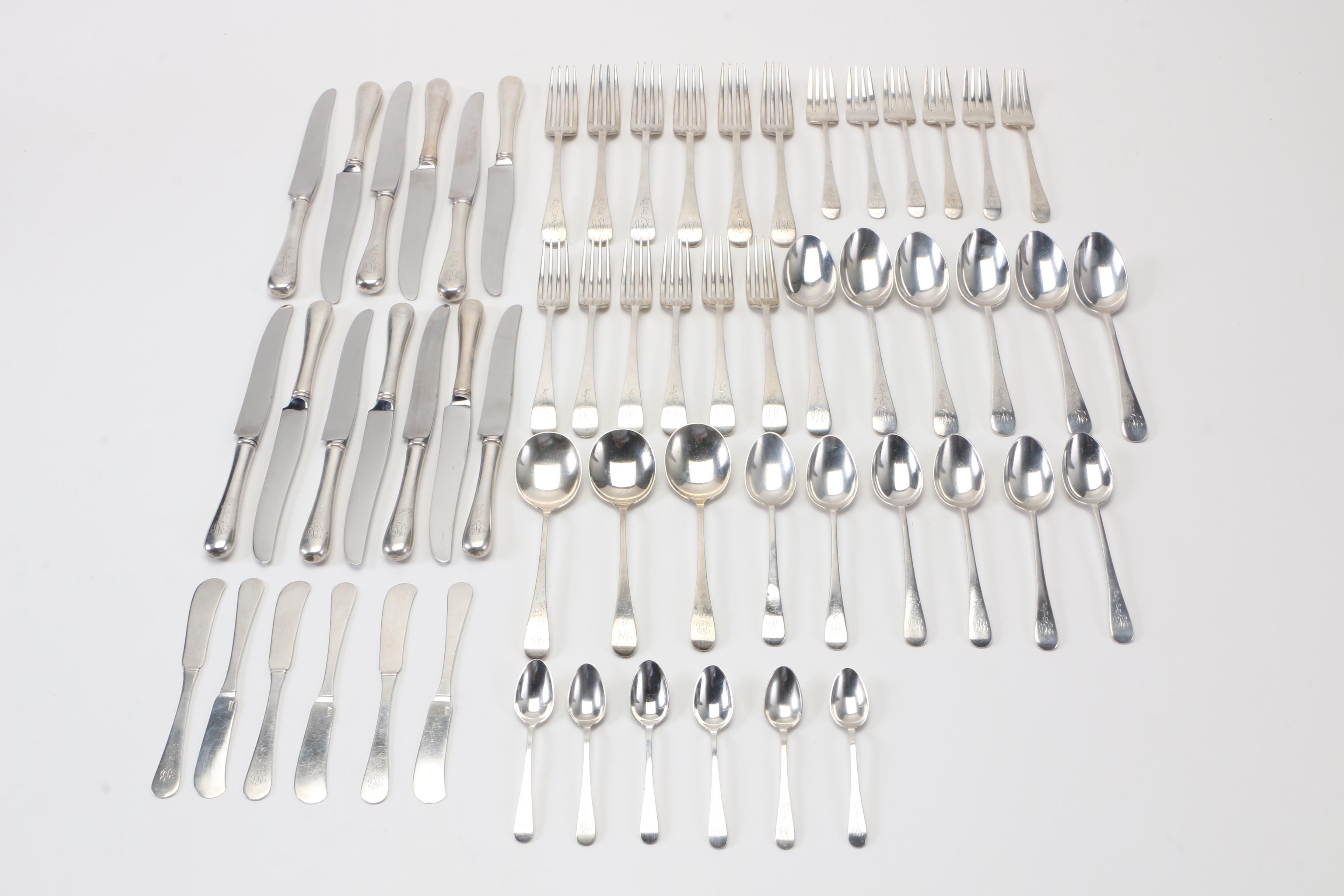 Gorham Monogrammed Sterling Flatware for Six in the "Antique" Pattern