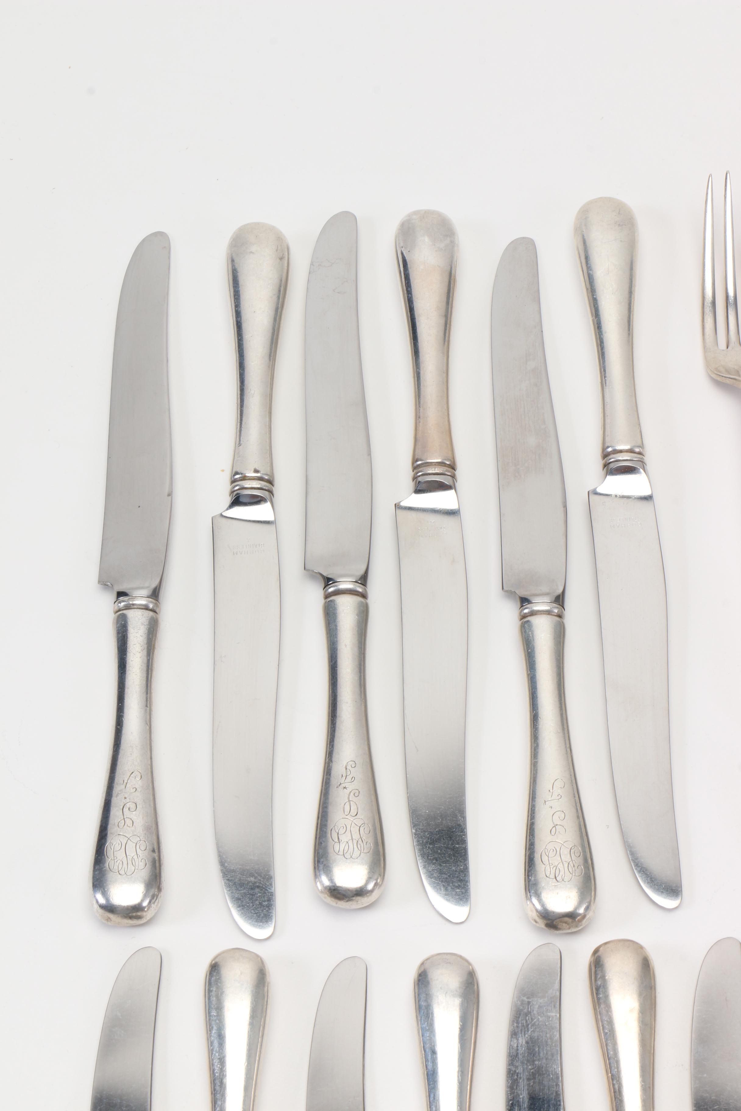 Gorham Monogrammed Sterling Flatware for Six in the "Antique" Pattern