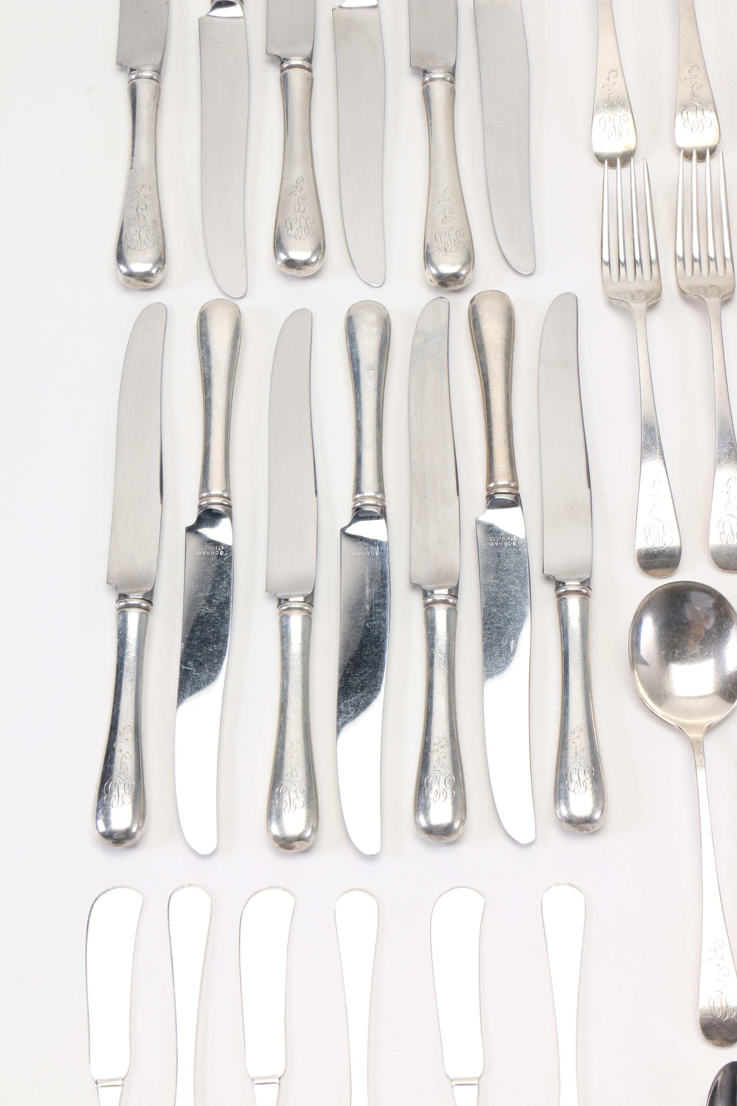 Gorham Monogrammed Sterling Flatware for Six in the "Antique" Pattern