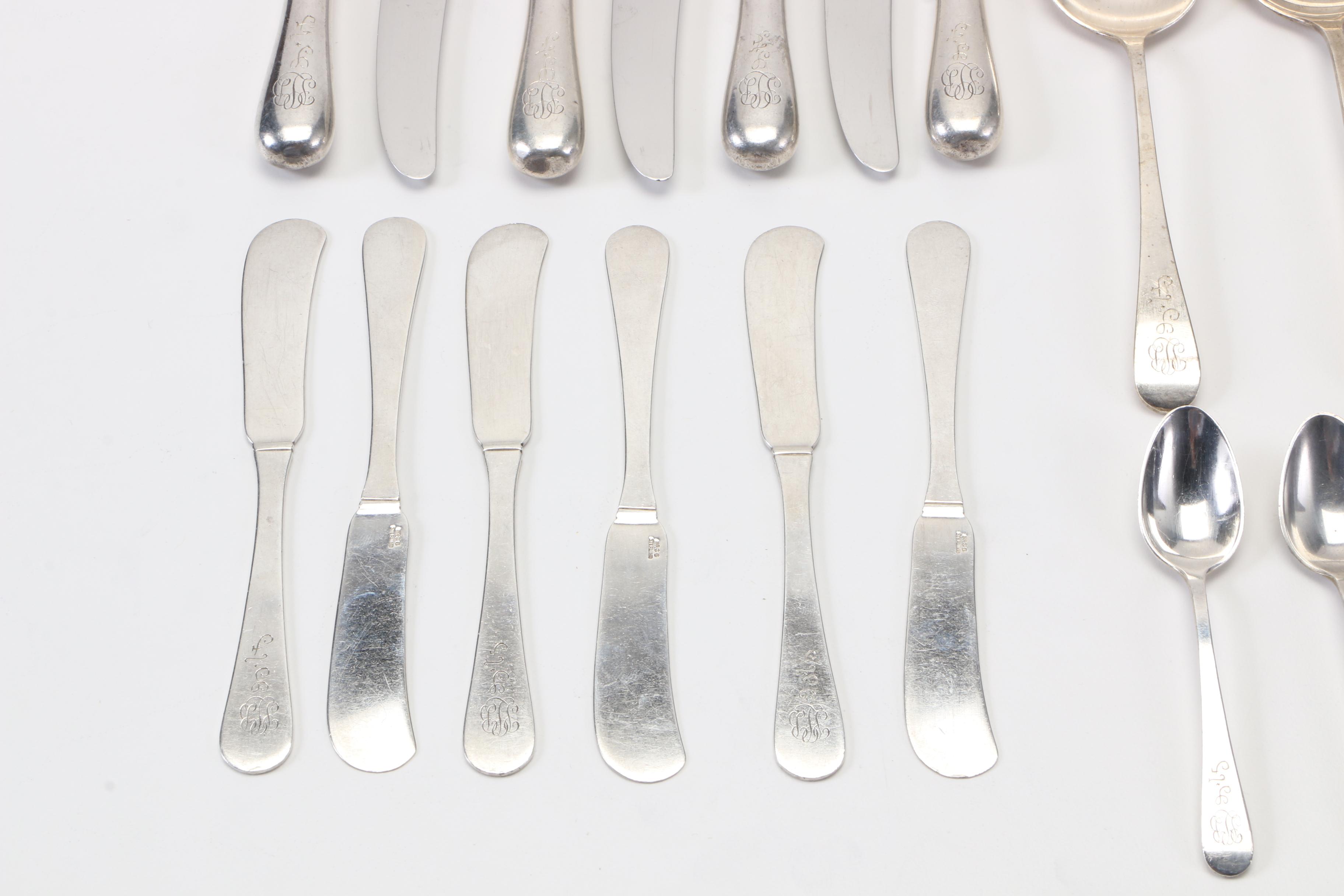 Gorham Monogrammed Sterling Flatware for Six in the "Antique" Pattern