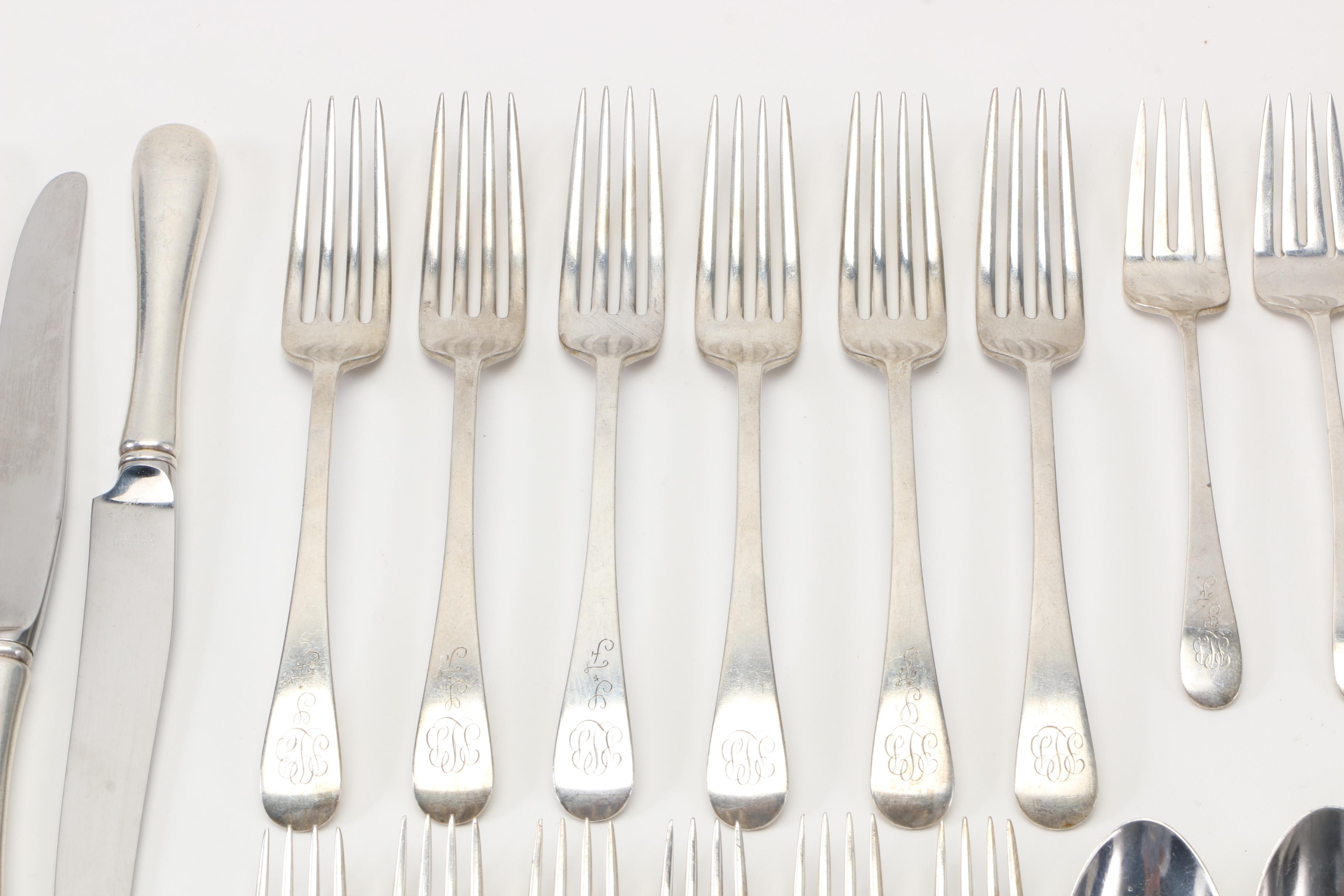 Gorham Monogrammed Sterling Flatware for Six in the "Antique" Pattern