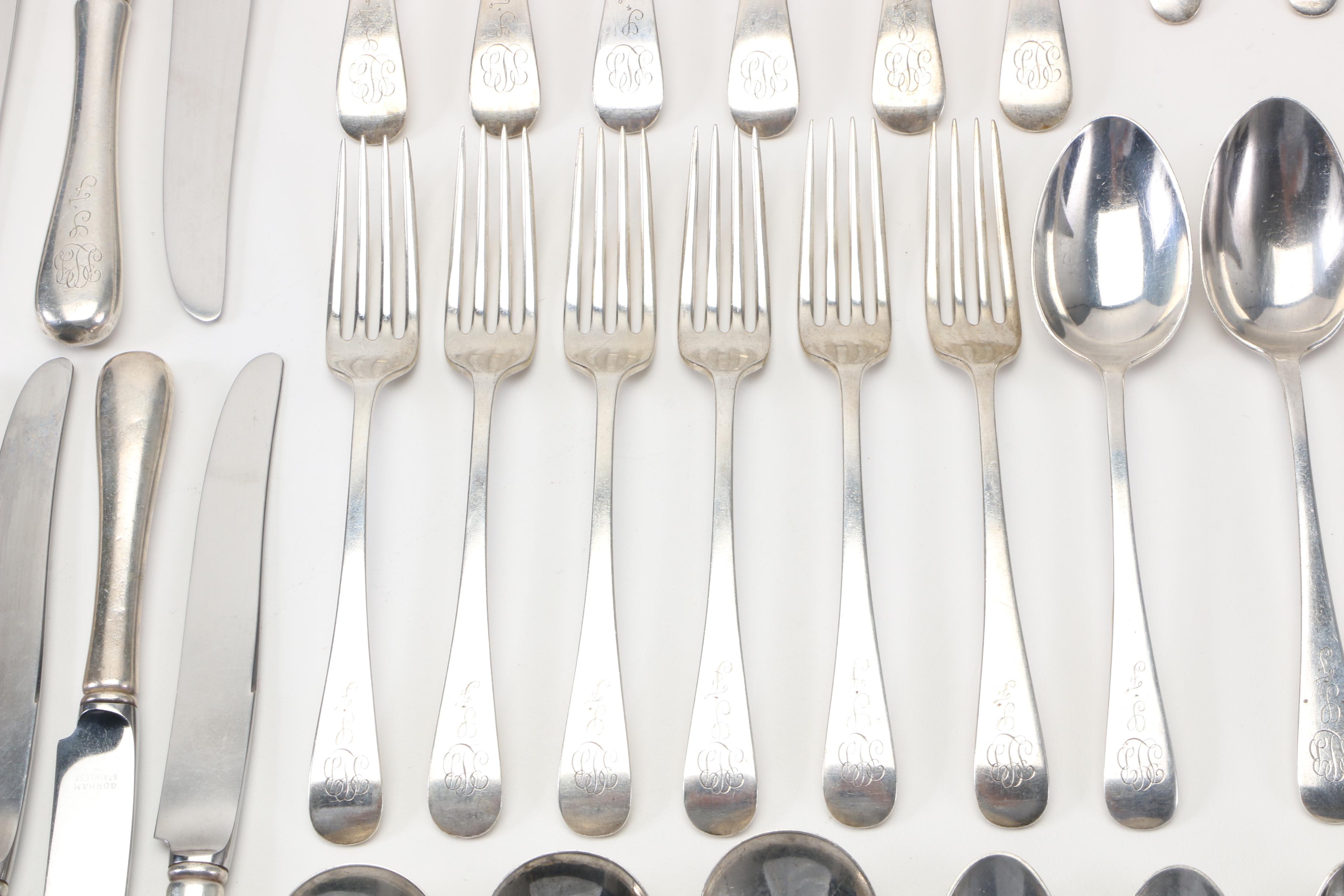 Gorham Monogrammed Sterling Flatware for Six in the "Antique" Pattern