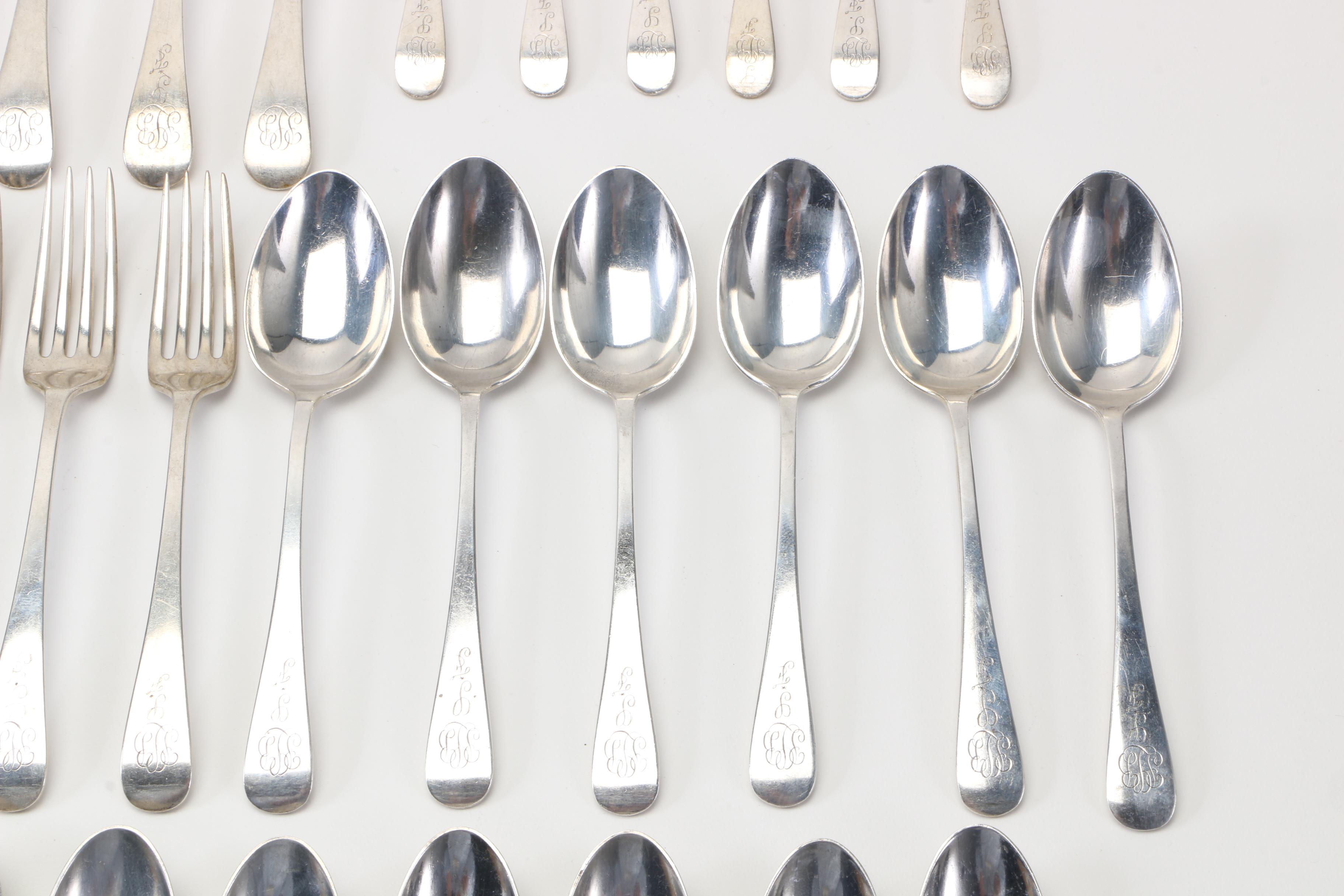 Gorham Monogrammed Sterling Flatware for Six in the "Antique" Pattern