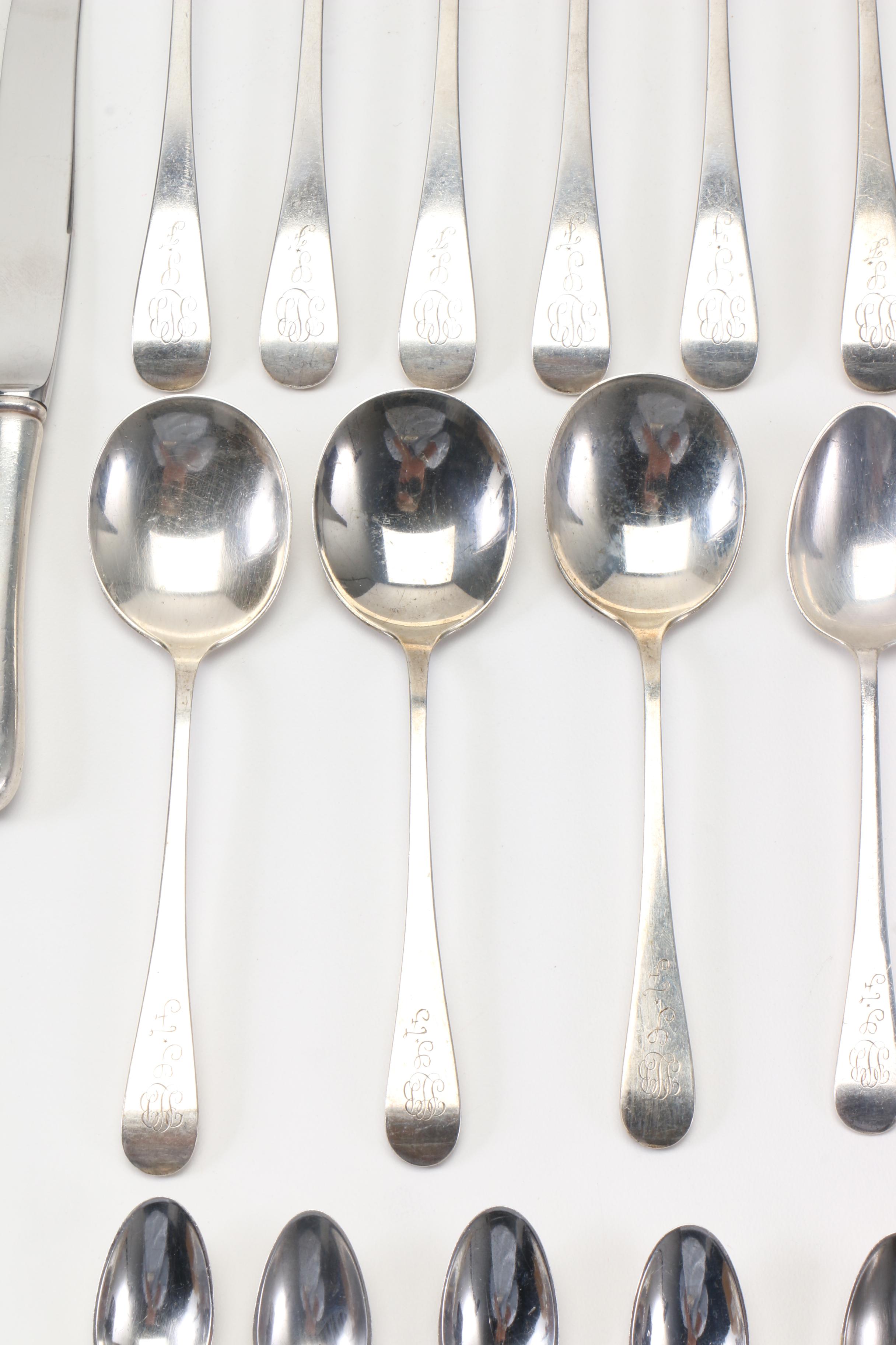 Gorham Monogrammed Sterling Flatware for Six in the "Antique" Pattern