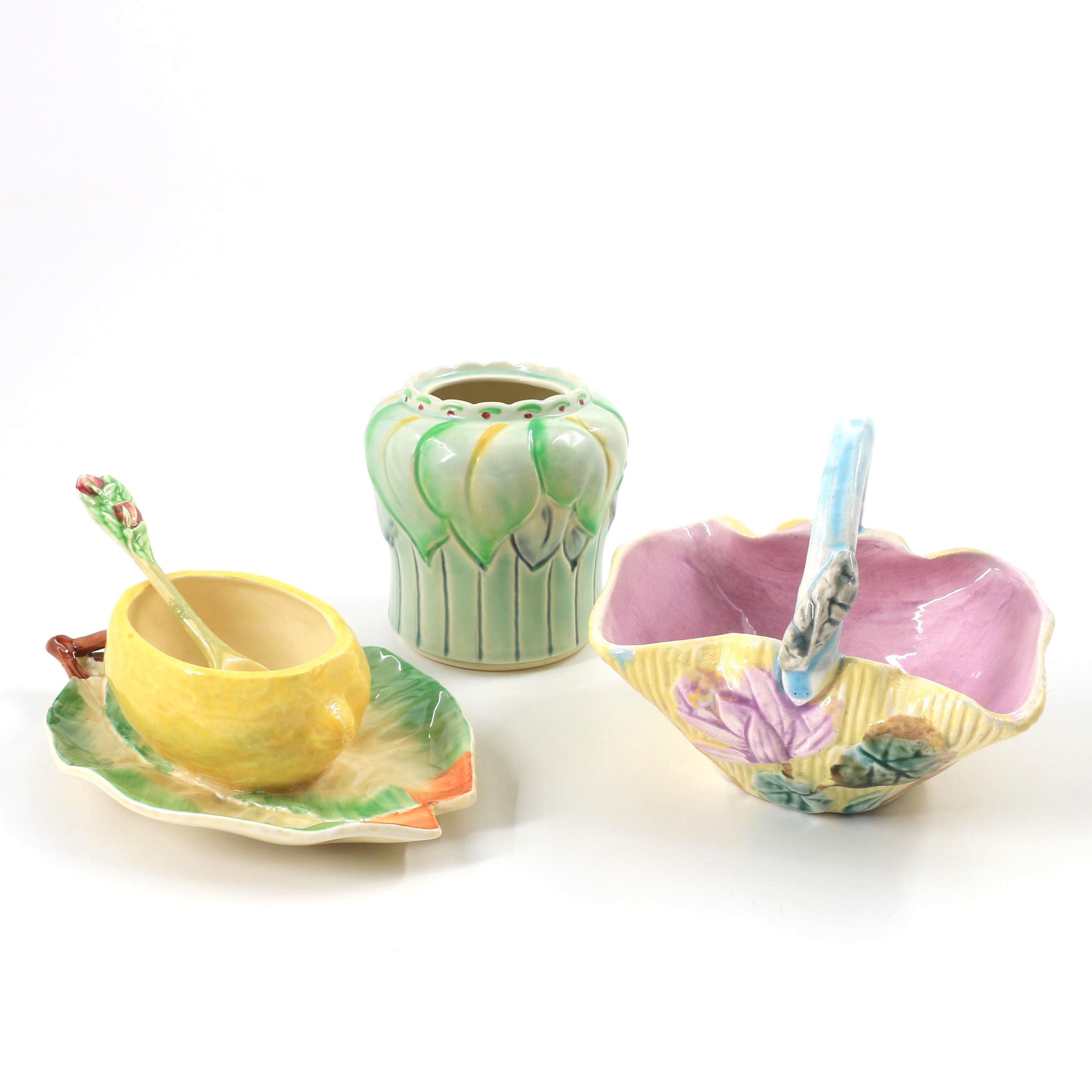 Minton Sugar Bowl, H.J. Wood Floral Jar and Majolica Lily Basket