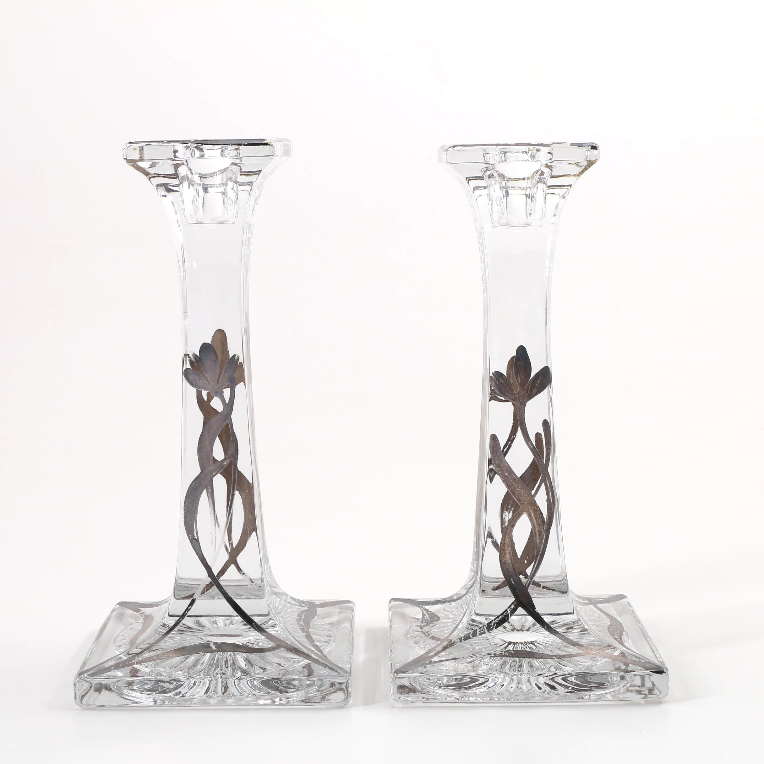 Cut Glass Candlesticks with Art Nouveau 800 Silver Overlay