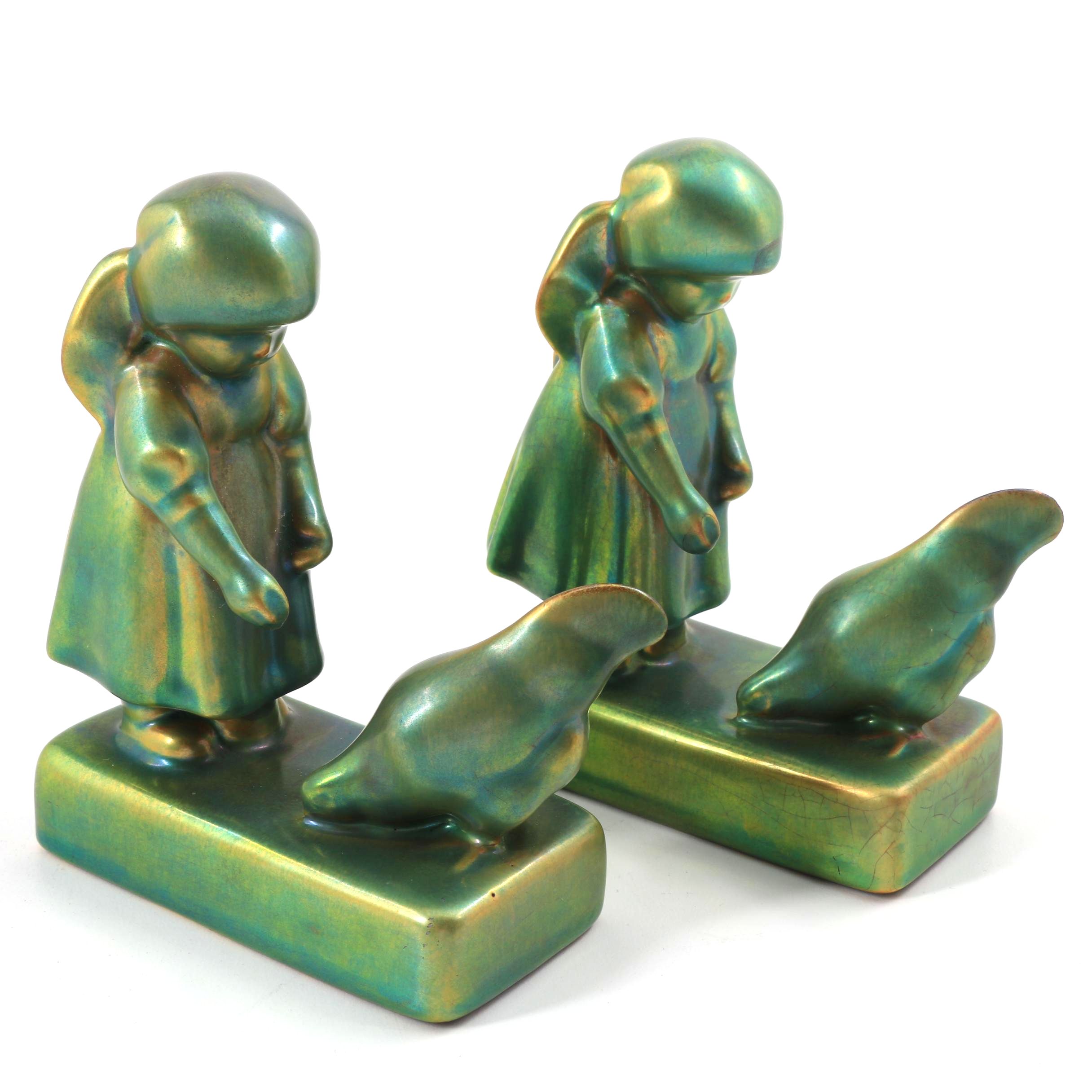 Pair of Zsolnay Ceramic Girl Figurines by Sinkó András