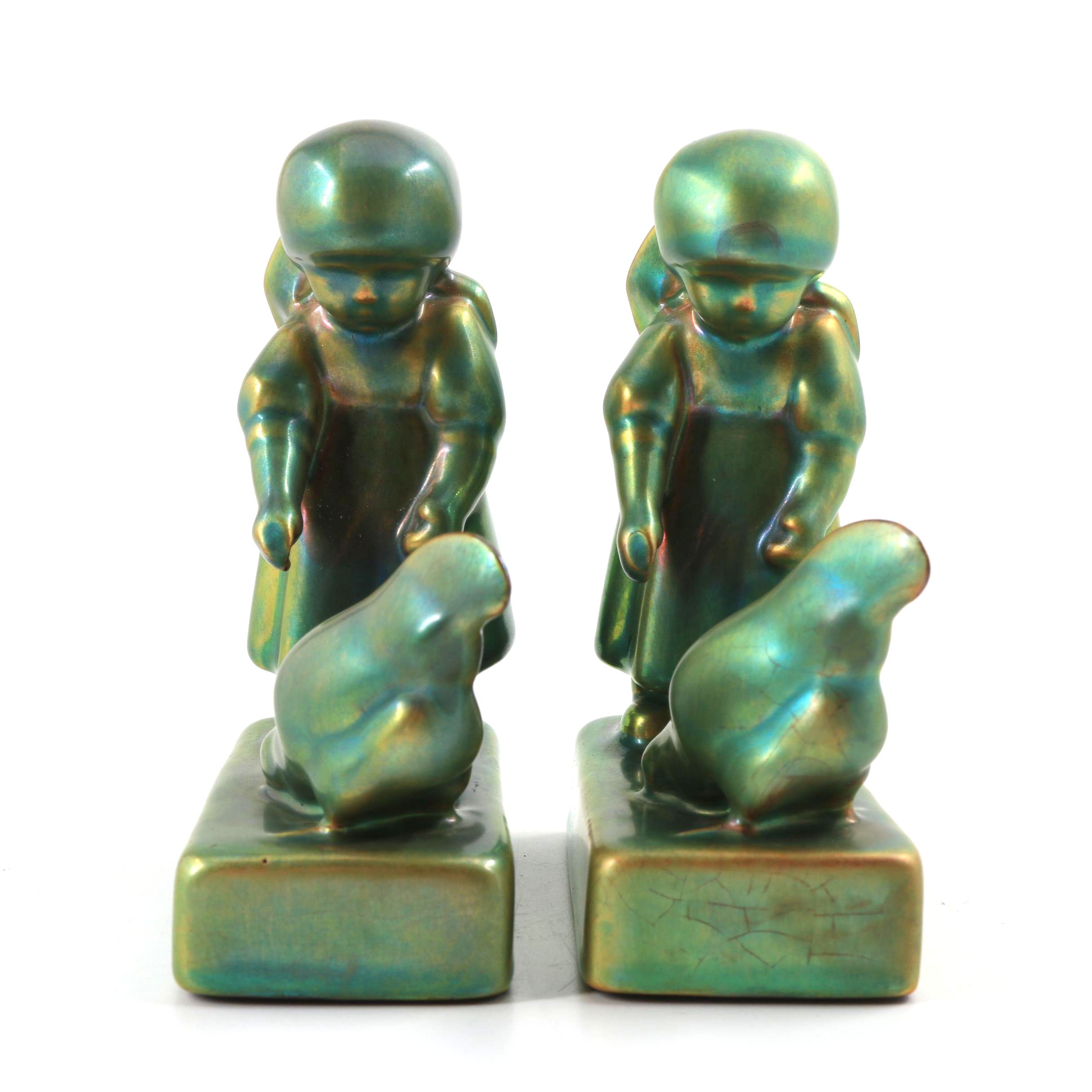 Pair of Zsolnay Ceramic Girl Figurines by Sinkó András