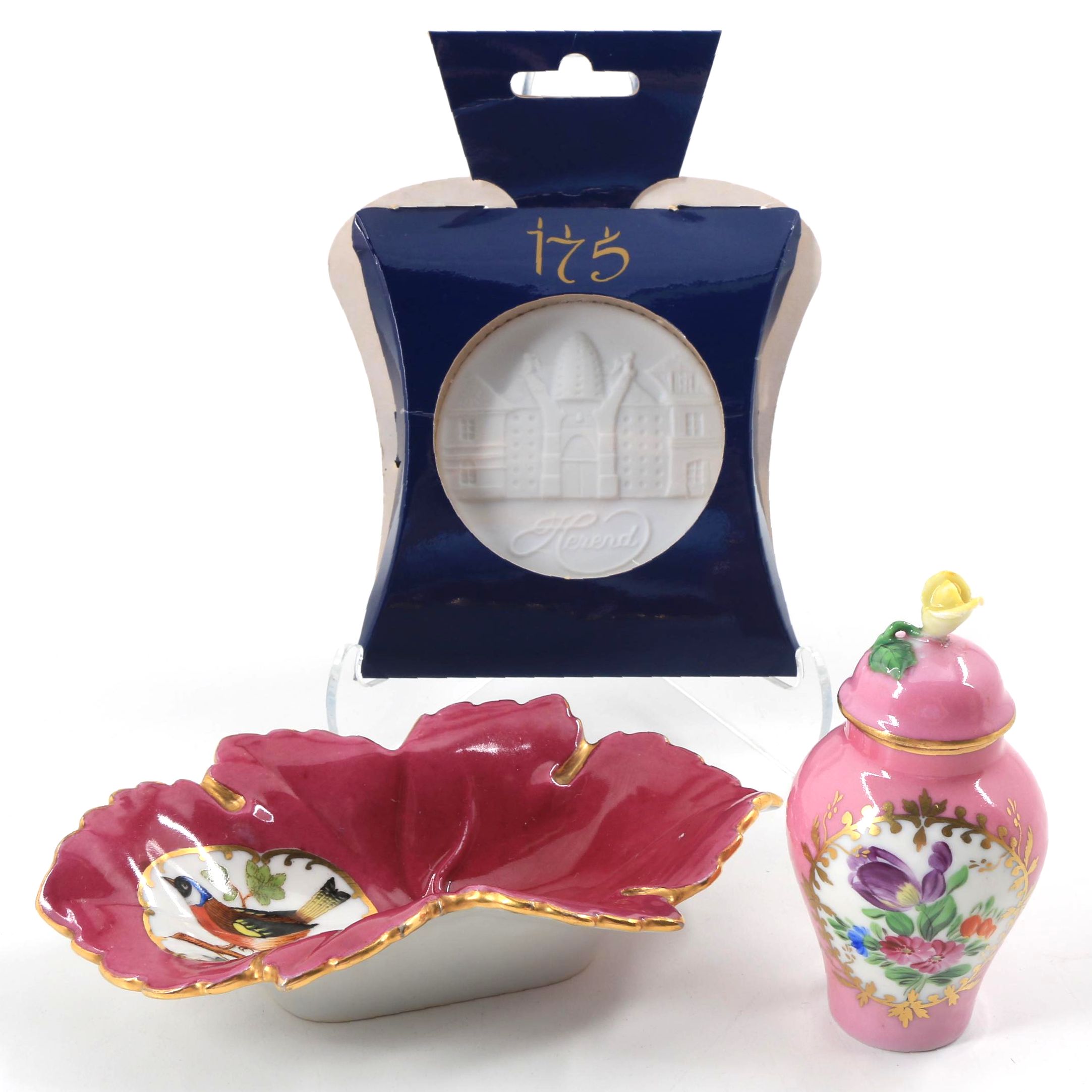 Herend Porcelain Leaf Dish , Bisque Plaque and Tiny Ginger Jar
