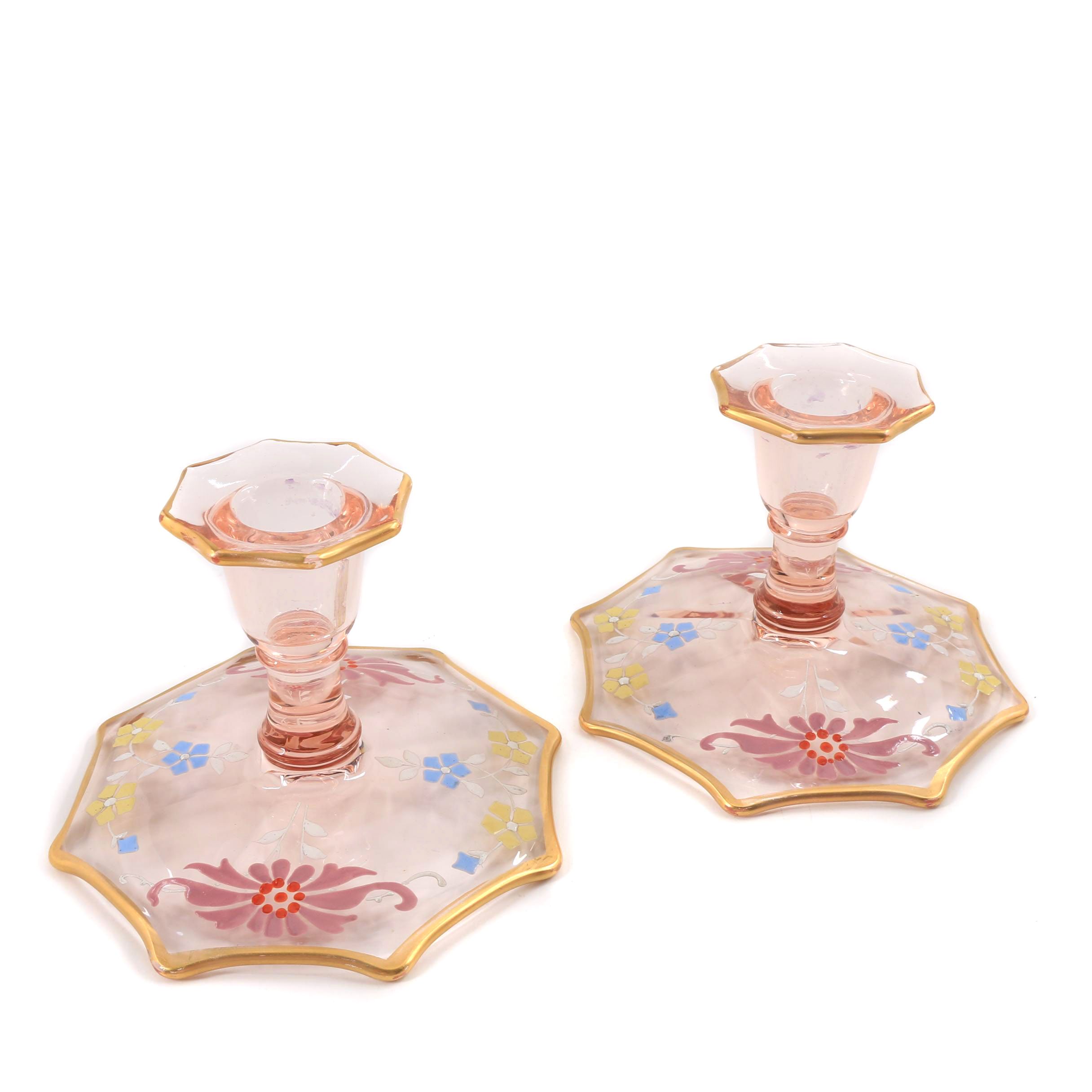 Hand Painted Pink Glass Candlesticks