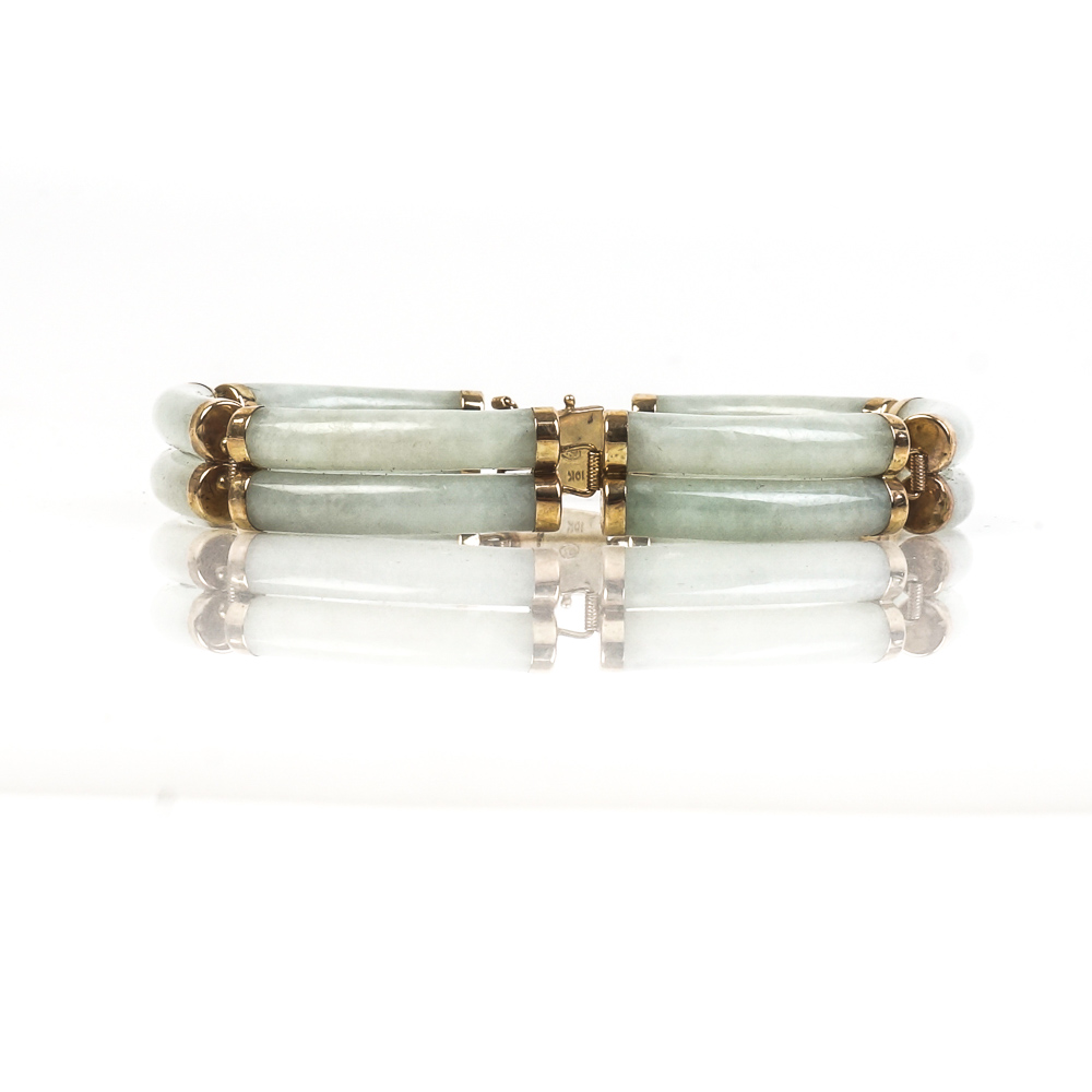Vintage 10K Yellow Gold and Double Row Jadeite Jade Link Bracelet