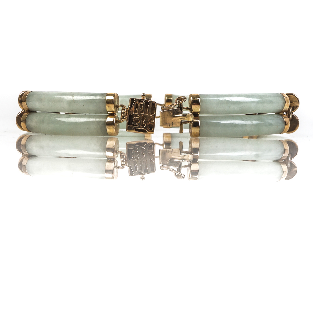 Vintage 10K Yellow Gold and Double Row Jadeite Jade Link Bracelet