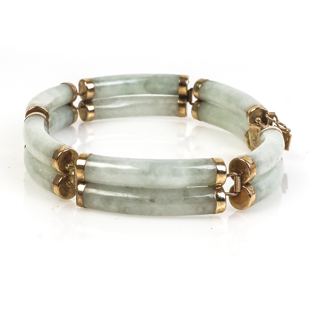Vintage 10K Yellow Gold and Double Row Jadeite Jade Link Bracelet