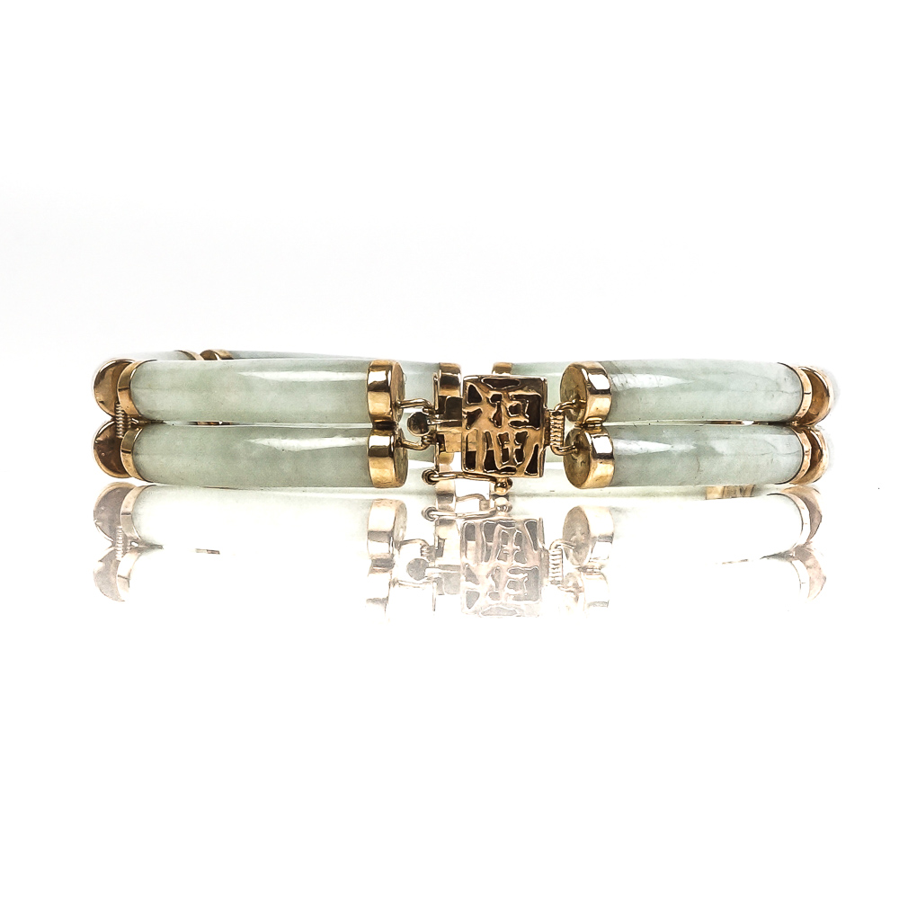 Vintage 10K Yellow Gold and Double Row Jadeite Jade Link Bracelet