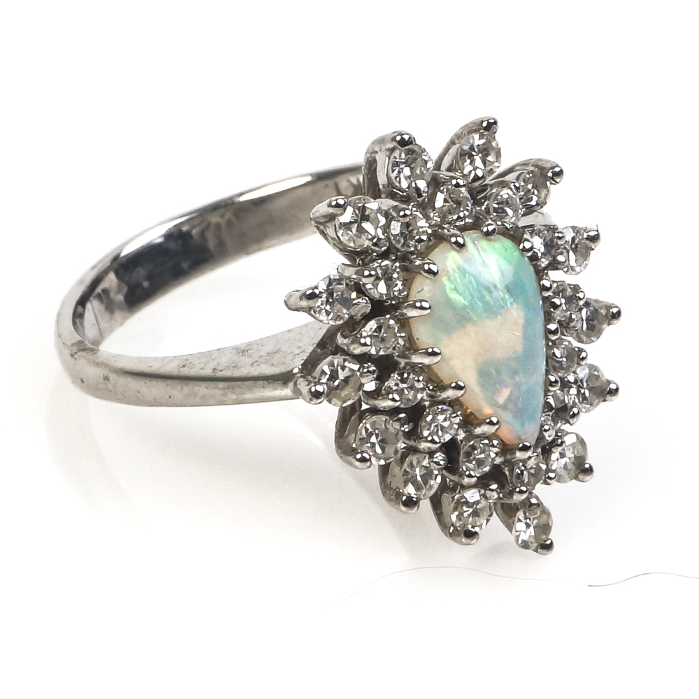 14K White Gold, Opal, and Diamond Starburst Ring