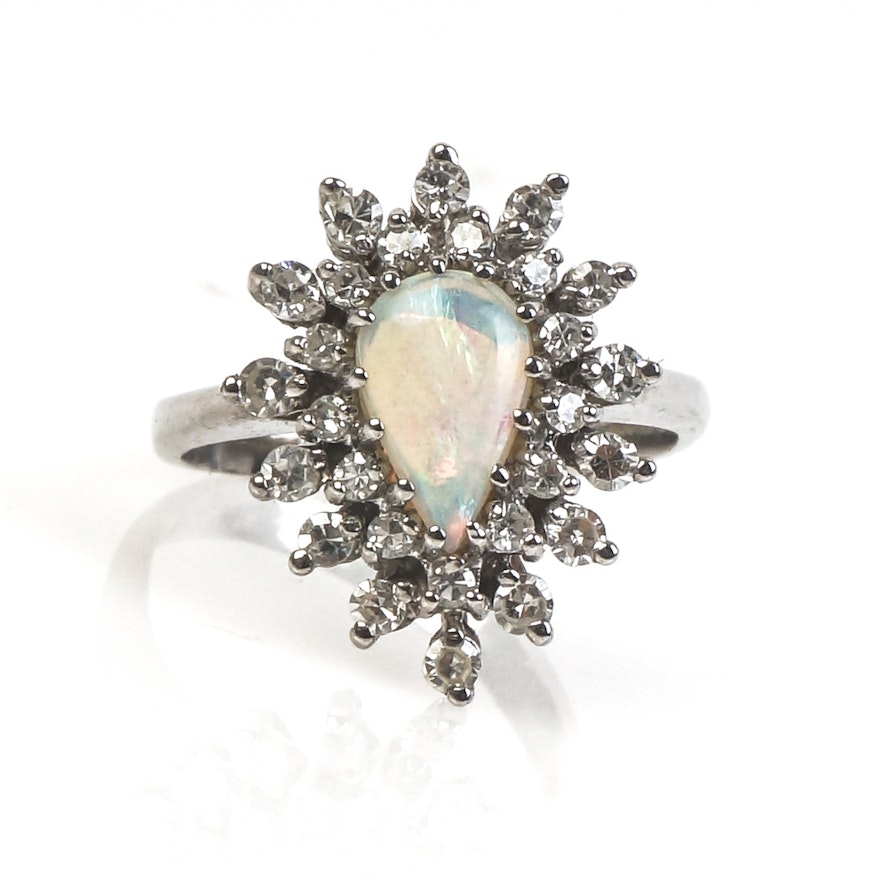 14K White Gold, Opal, and Diamond Starburst Ring