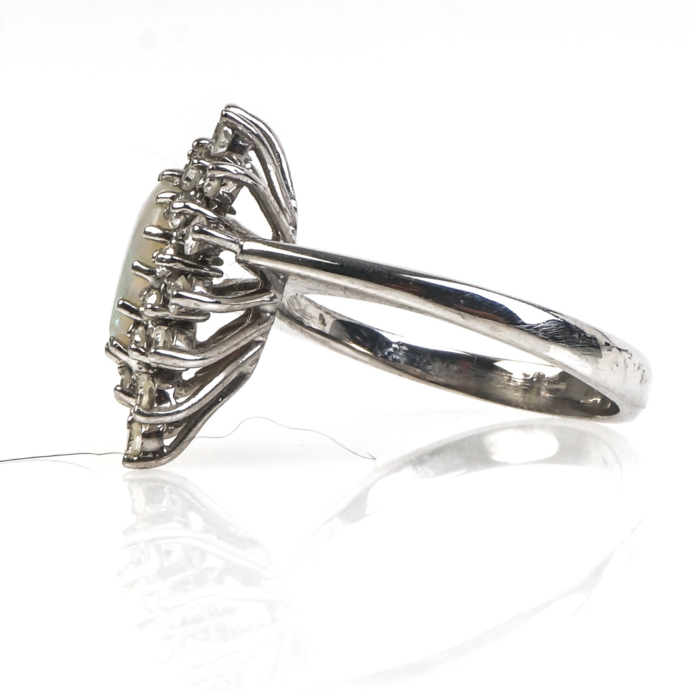 14K White Gold, Opal, and Diamond Starburst Ring