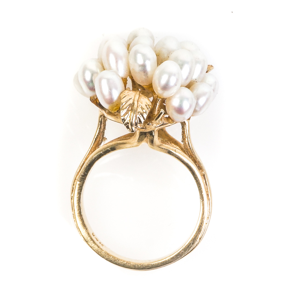 14K Yellow Gold and Cultured Freshwater Pearl Cluster Ring