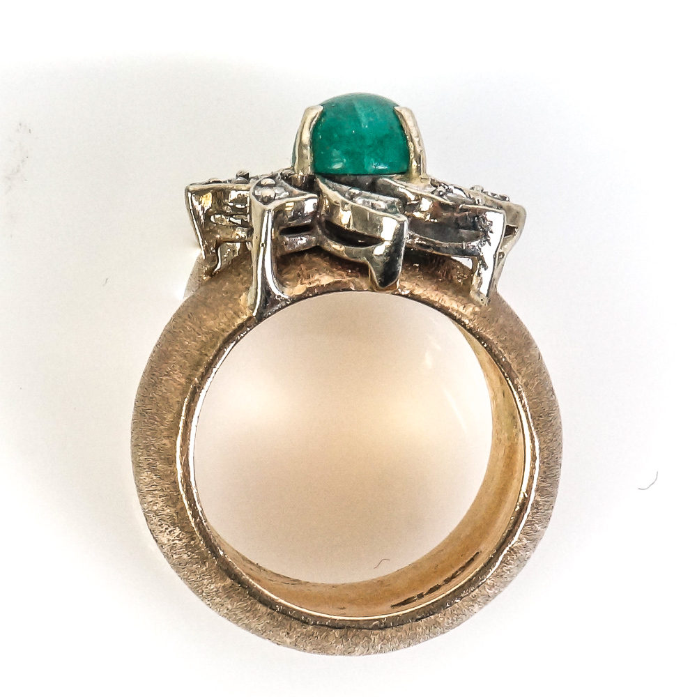 Vintage Brushed 14K Yellow Gold, Emerald, and Diamond Starburst Pinky Ring