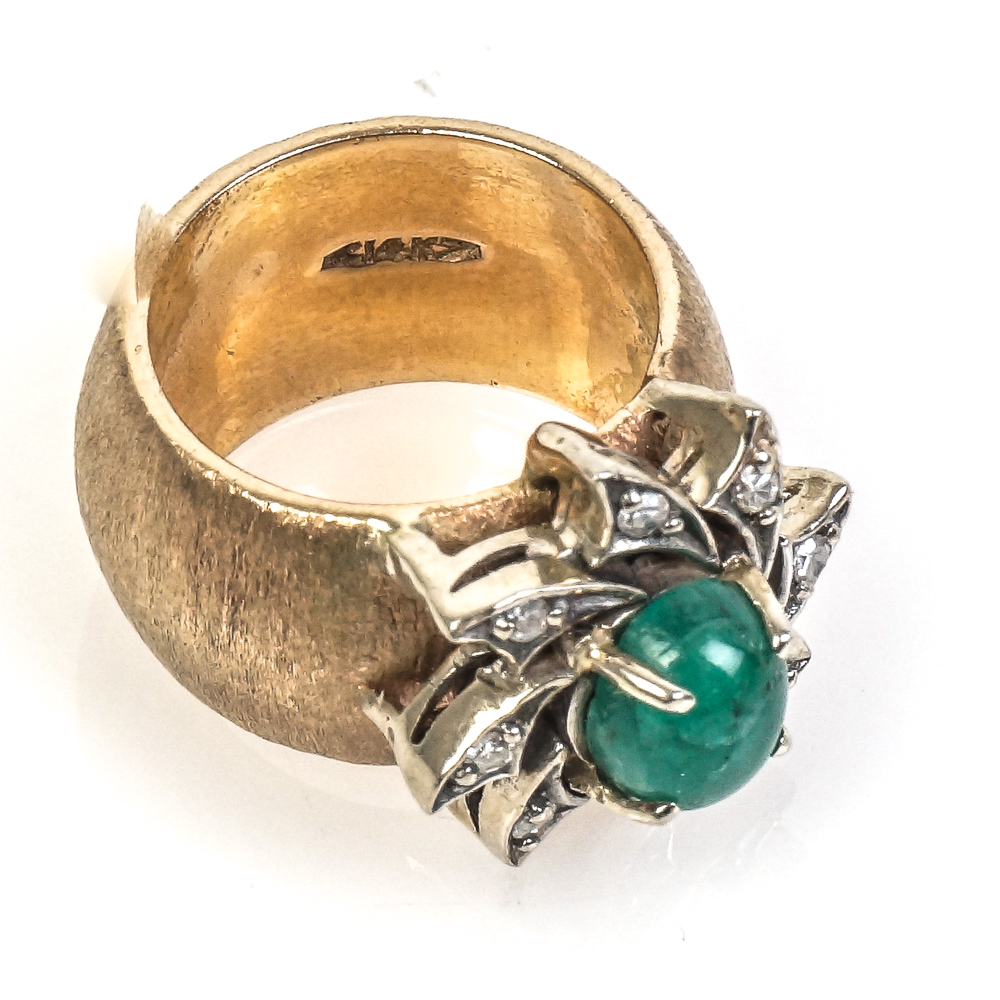 Vintage Brushed 14K Yellow Gold, Emerald, and Diamond Starburst Pinky Ring