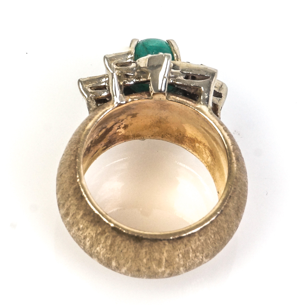 Vintage Brushed 14K Yellow Gold, Emerald, and Diamond Starburst Pinky Ring