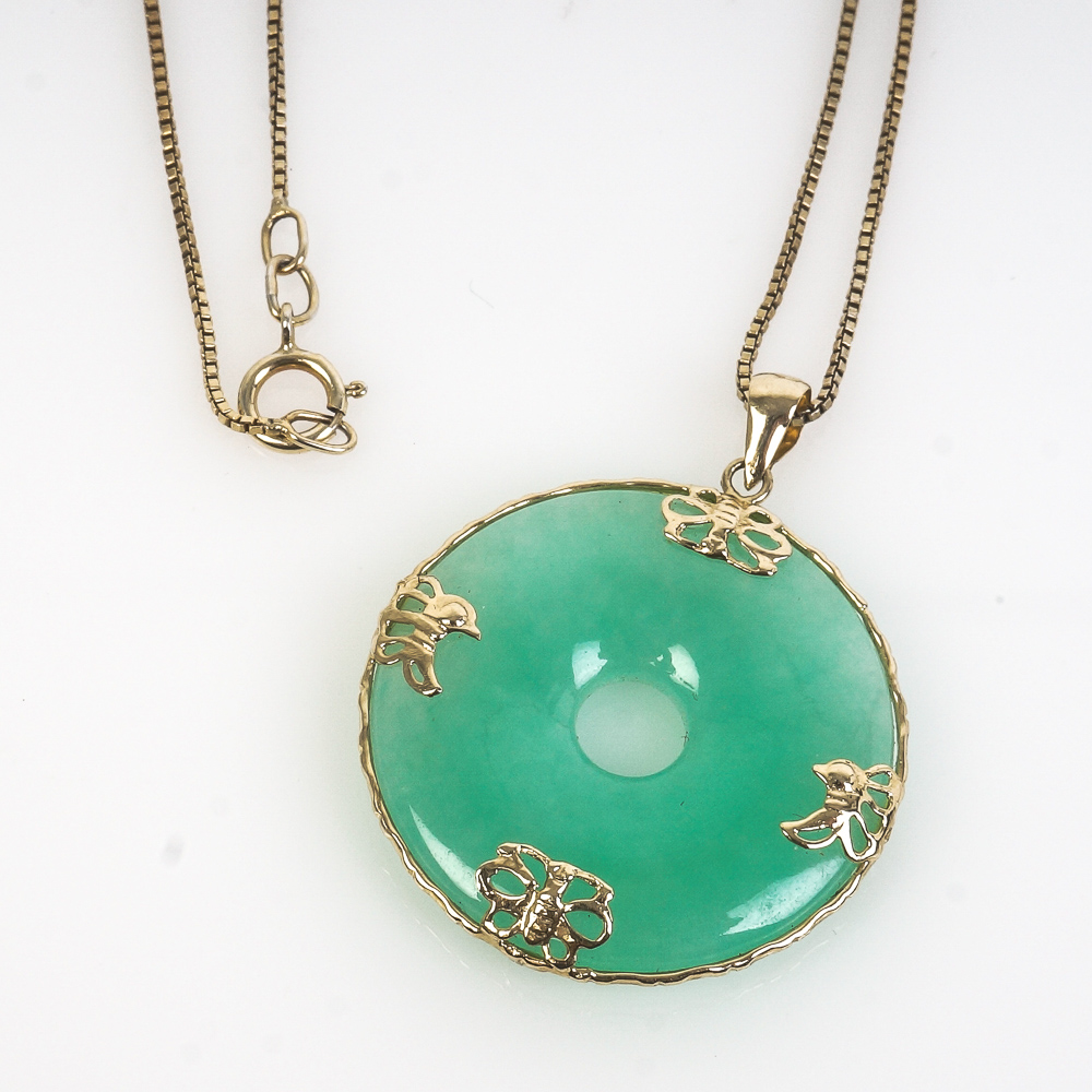 14K Yellow Gold and Jadeite Jade Bi-Disc Pendant with Sterling Silver Chain