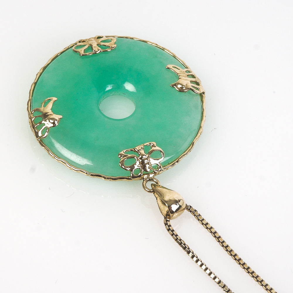 14K Yellow Gold and Jadeite Jade Bi-Disc Pendant with Sterling Silver Chain