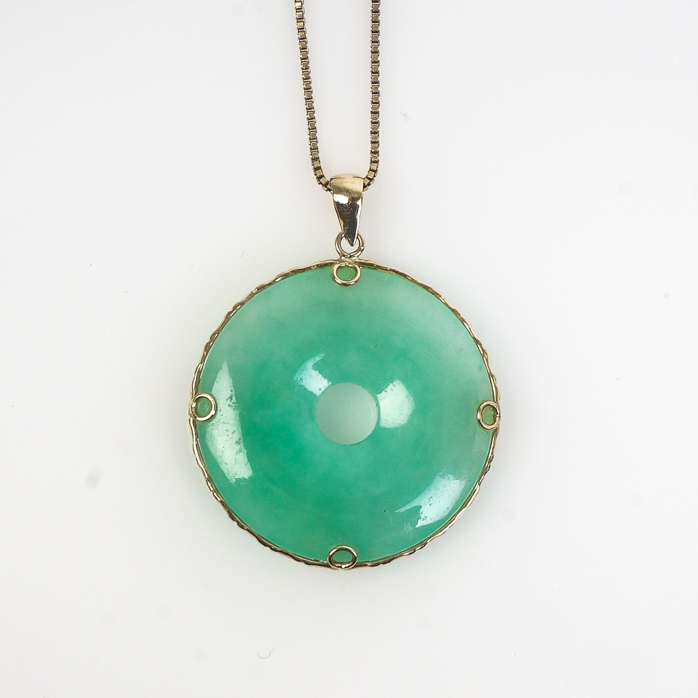 14K Yellow Gold and Jadeite Jade Bi-Disc Pendant with Sterling Silver Chain