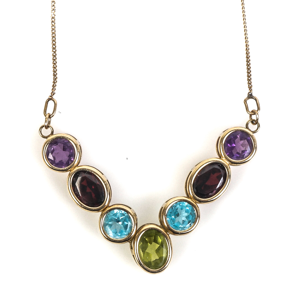 14K Yellow Gold and Multi-Stone V-Pendant Necklace