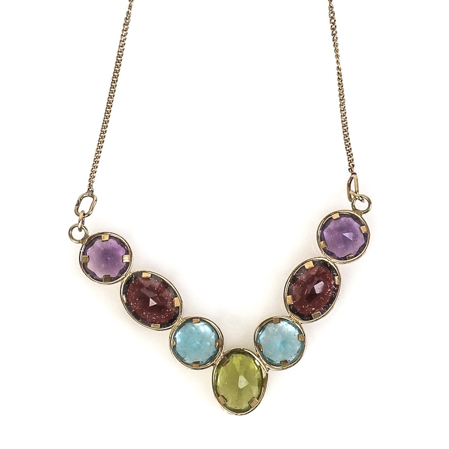 14K Yellow Gold and Multi-Stone V-Pendant Necklace