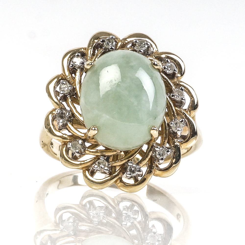 10K Yellow Gold, Nephrite Jade, and Diamond Cocktail Ring