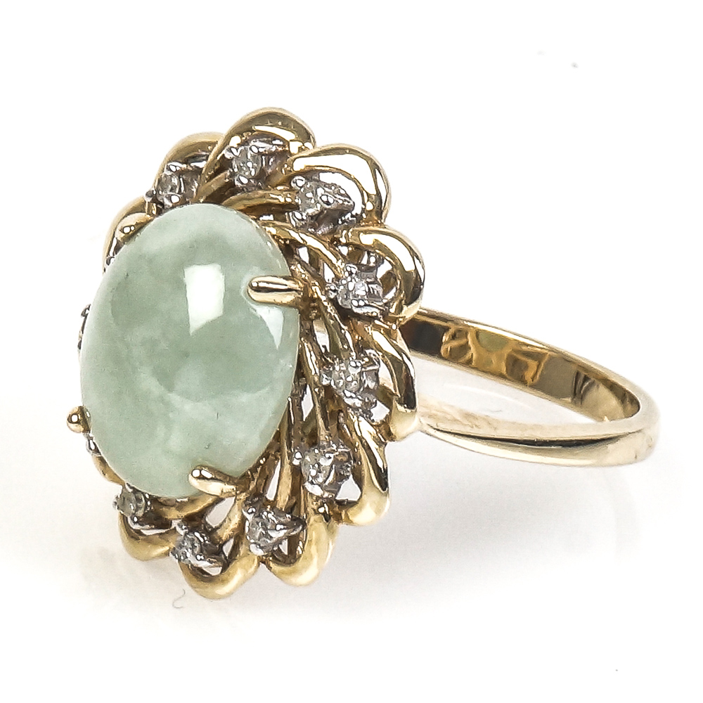 10K Yellow Gold, Nephrite Jade, and Diamond Cocktail Ring