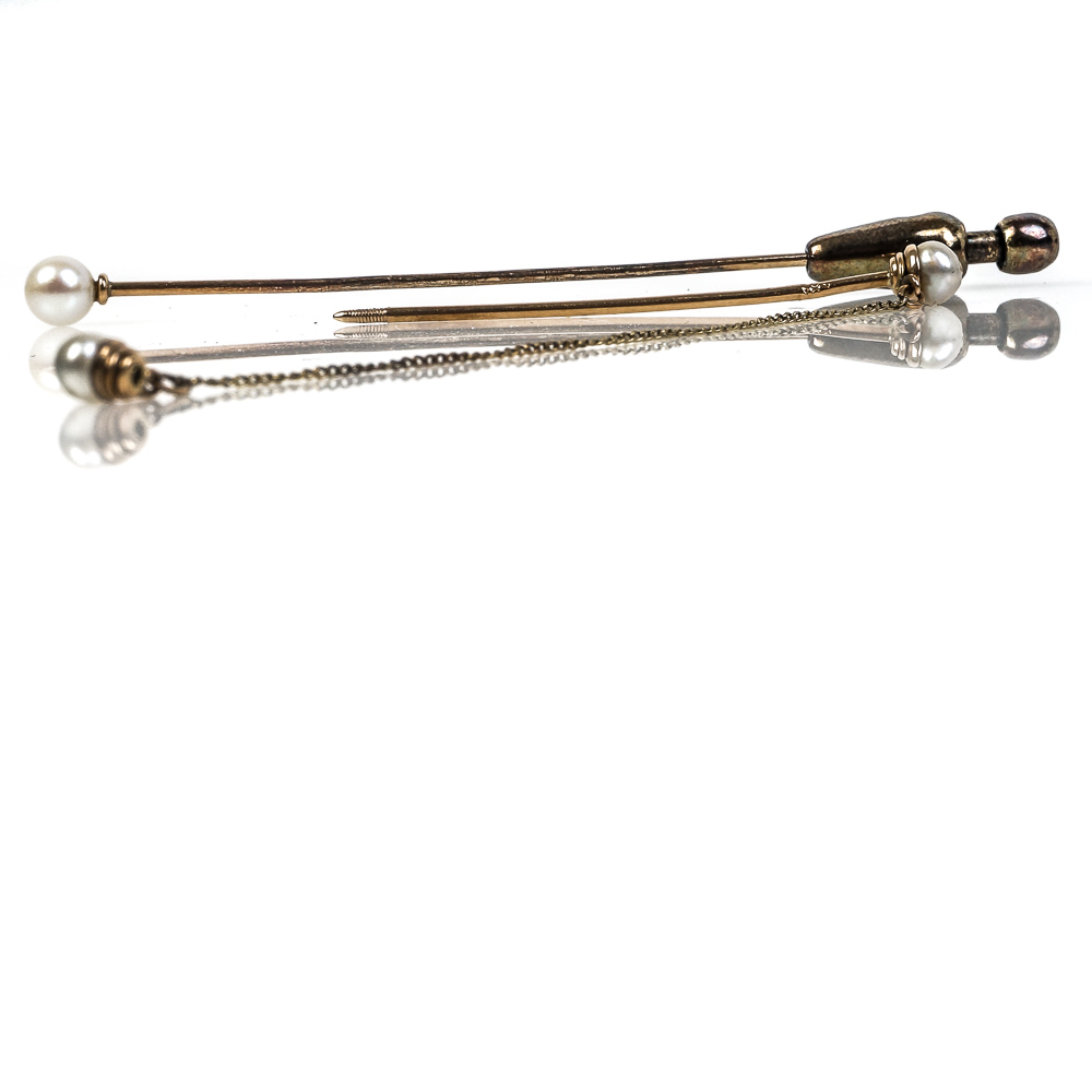 Vintage 14K Yellow Gold and Cultured Pearl Stick Pins
