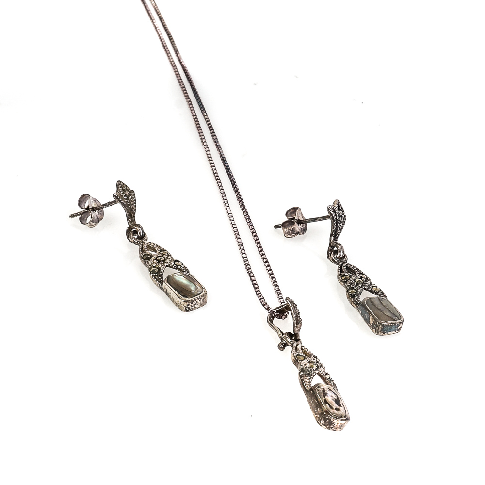 Art Deco Inspired Sterling Silver, Mother of Pearl, and Marcasite Demi Parure