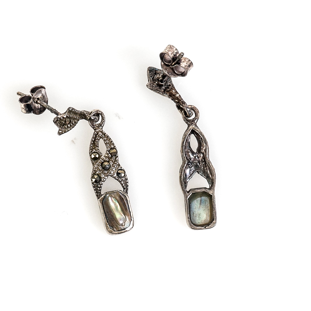 Art Deco Inspired Sterling Silver, Mother of Pearl, and Marcasite Demi Parure