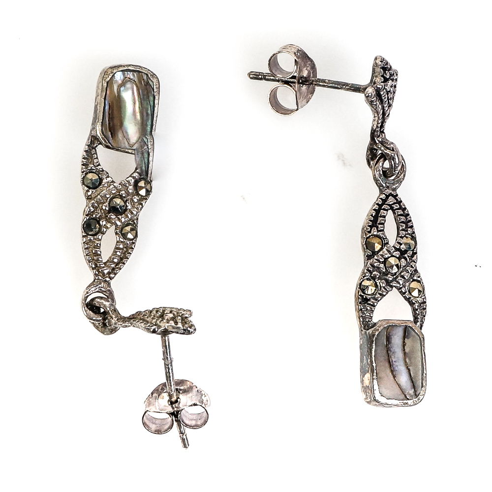 Art Deco Inspired Sterling Silver, Mother of Pearl, and Marcasite Demi Parure