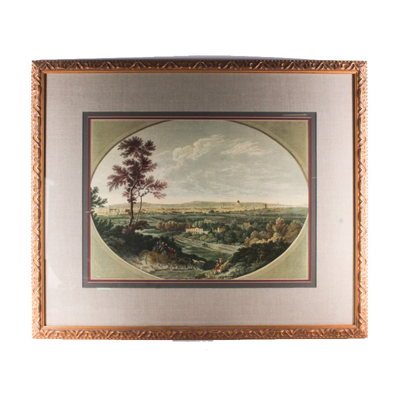 Antique Hand Colored Engraved Print of Carriage in the Countryside